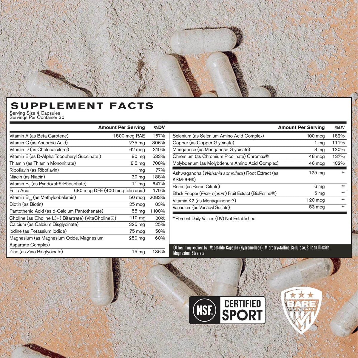 BARE PERFORMANCE NUTRITION Multivitamine Forte 30 Jours étiquette