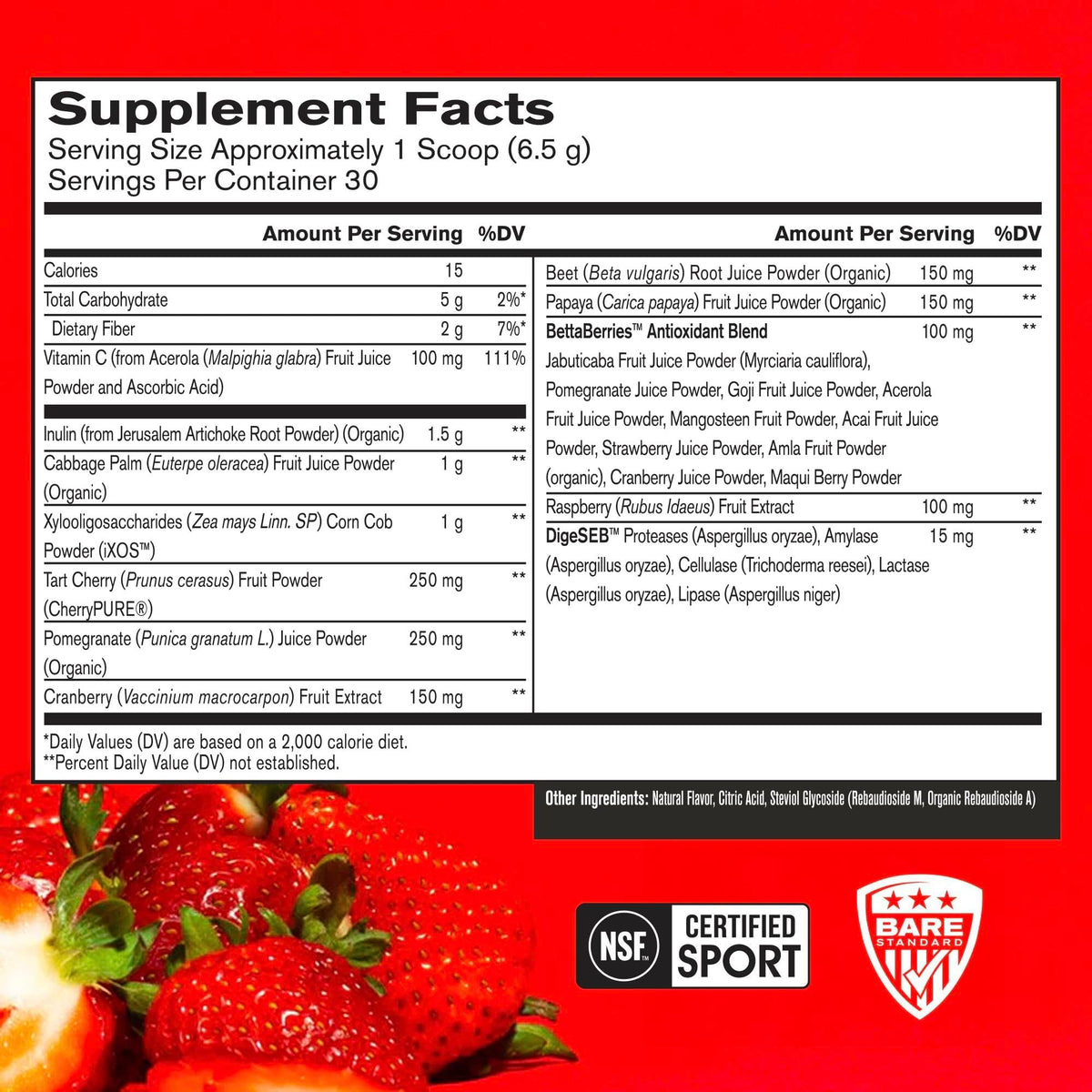 BARE PERFORMANCE NUTRITION Strong Reds Poudre Superaliment 272g étiquette et ingrédients