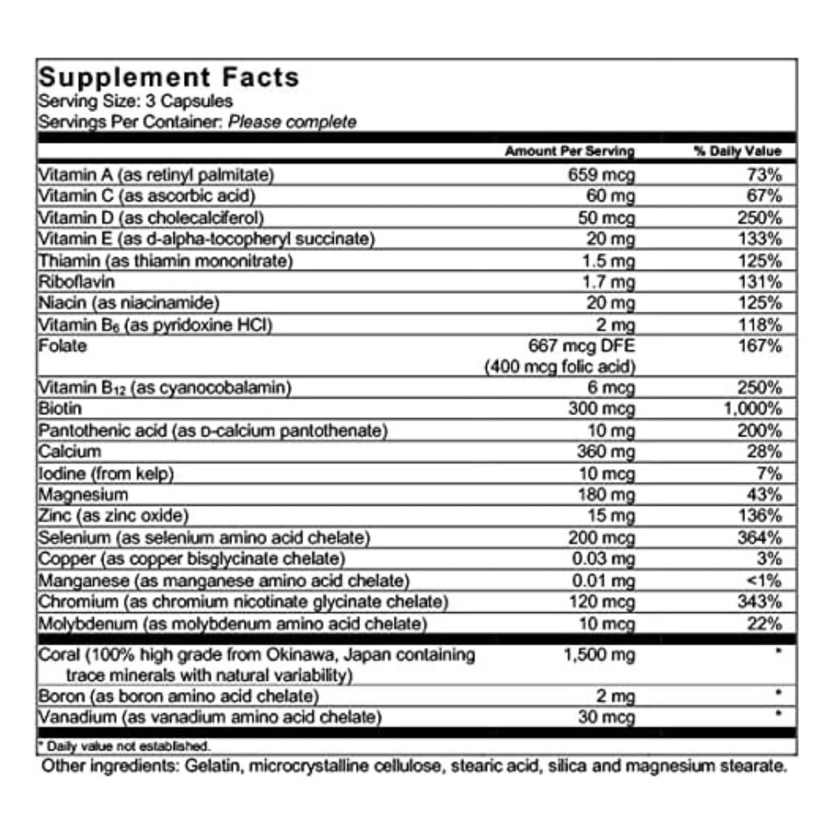 Barefoot Coral Calcium Complete 90 capsules side view showing supplement facts