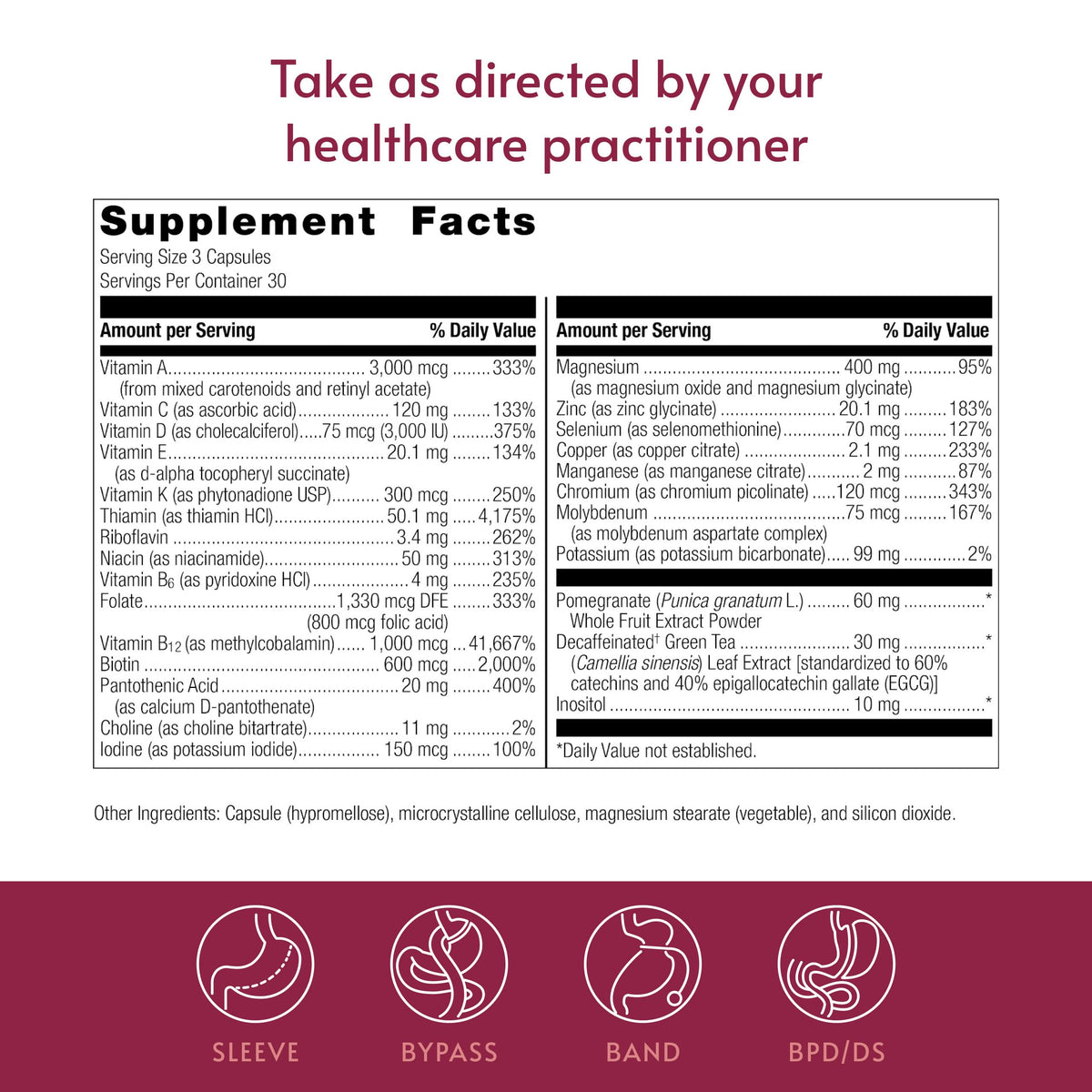 Bariatric Advantage Multivitamines Ultra sans fer, vue latérale de l'emballage