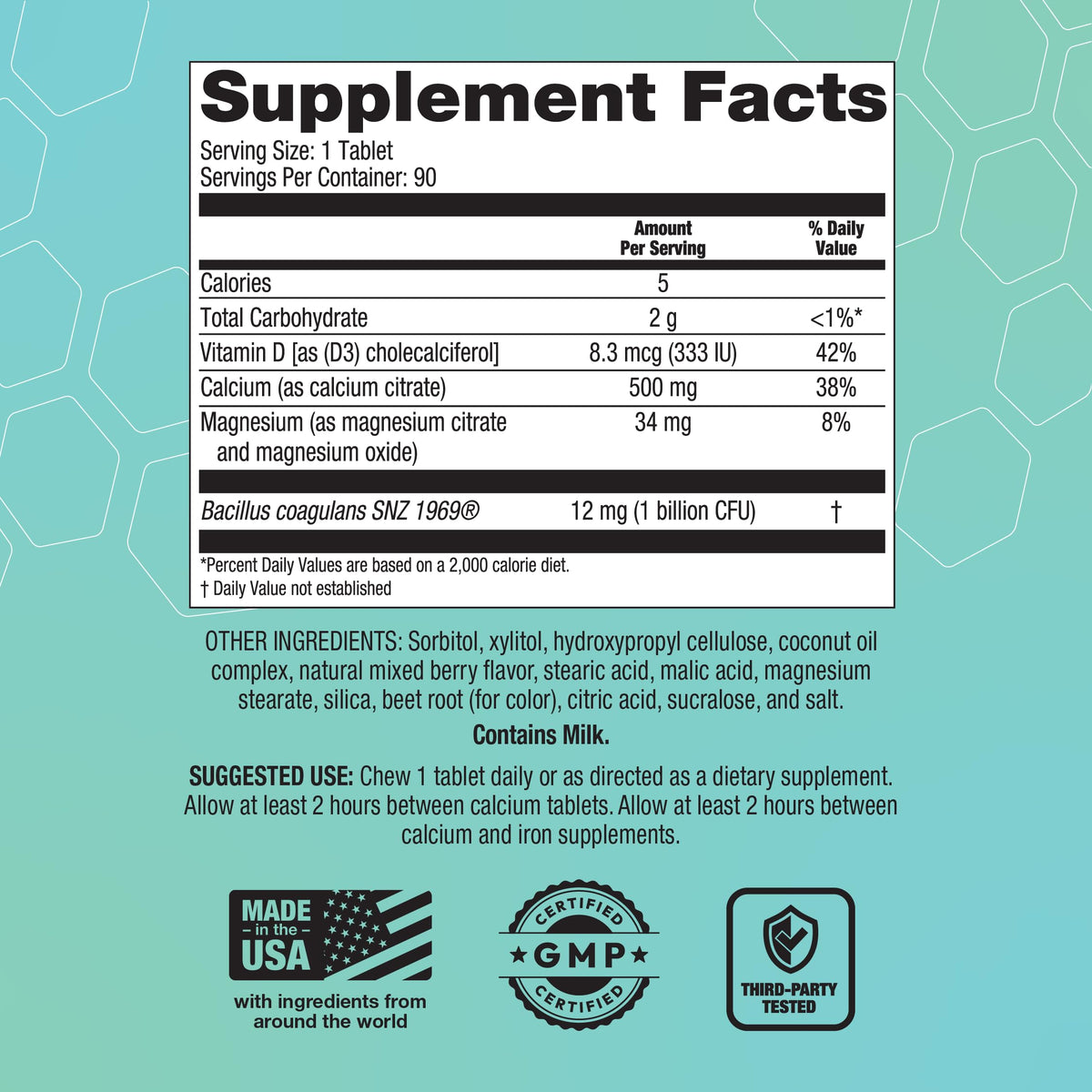Bariatric Choice Calcium Citrate 500mg avec étiquettes nutritionnelles