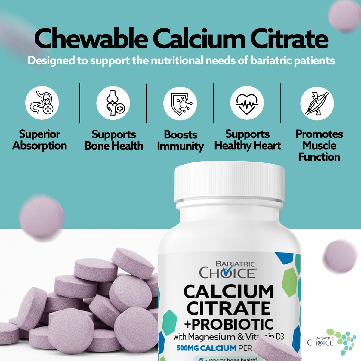 Bariatric Choice Calcium Citrate comprimés à mâcher à côté d'un verre d'eau