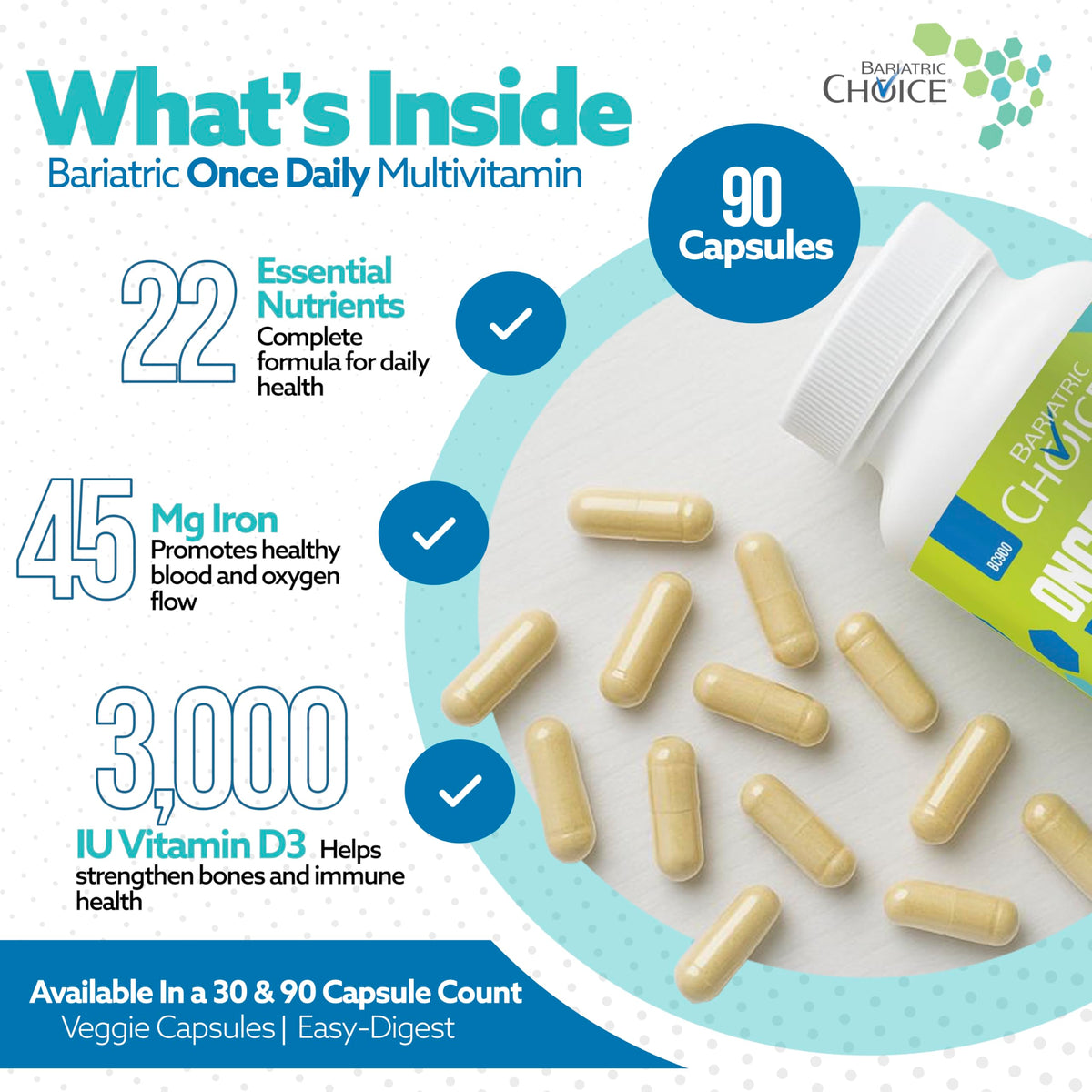 Bariatric Choice multivitamine quotidienne 45mg de fer capsule à côté d'une cuillère