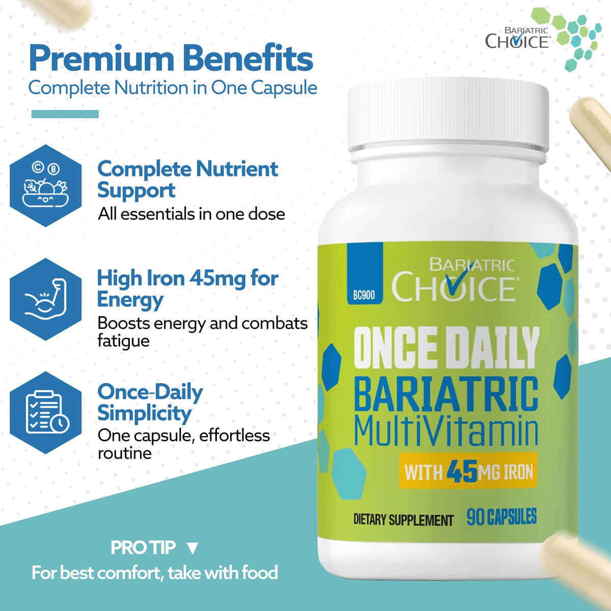 Bariatric Choice multivitamine quotidienne 45mg de fer vue de dos