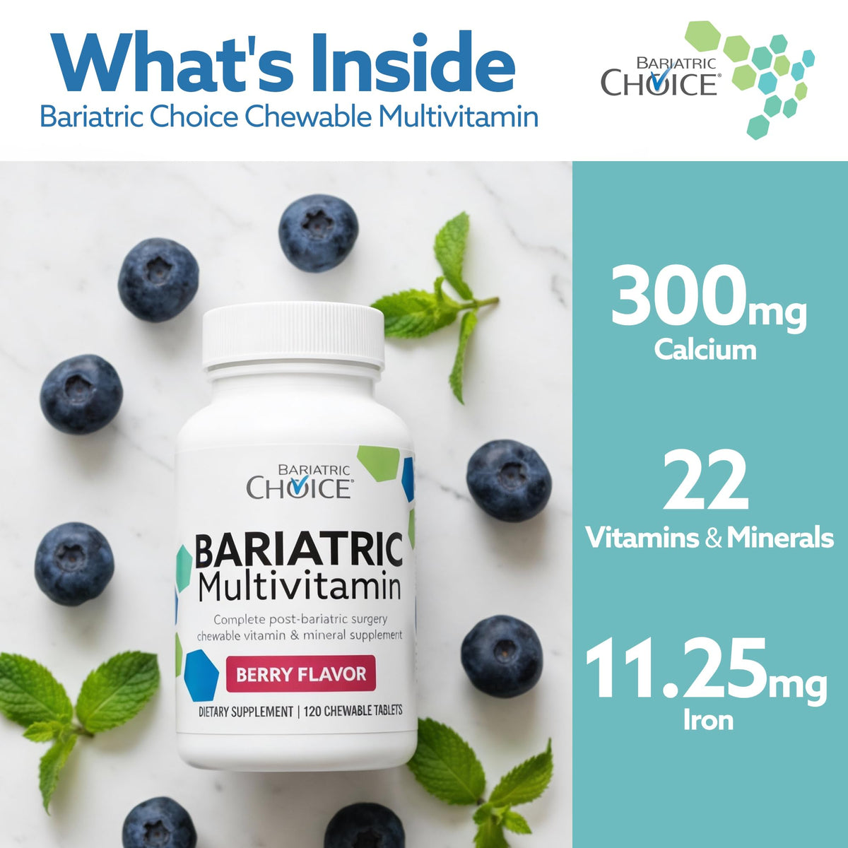 Bariatric Choice multivitamines mâchables côté vue avec 4 comprimés à mâcher