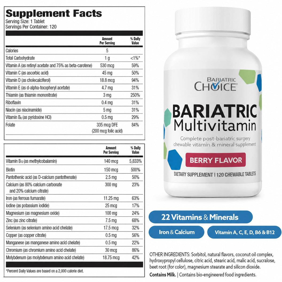 Bariatric Choice multivitamines mâchables sur une table avec d'autres compléments alimentaires