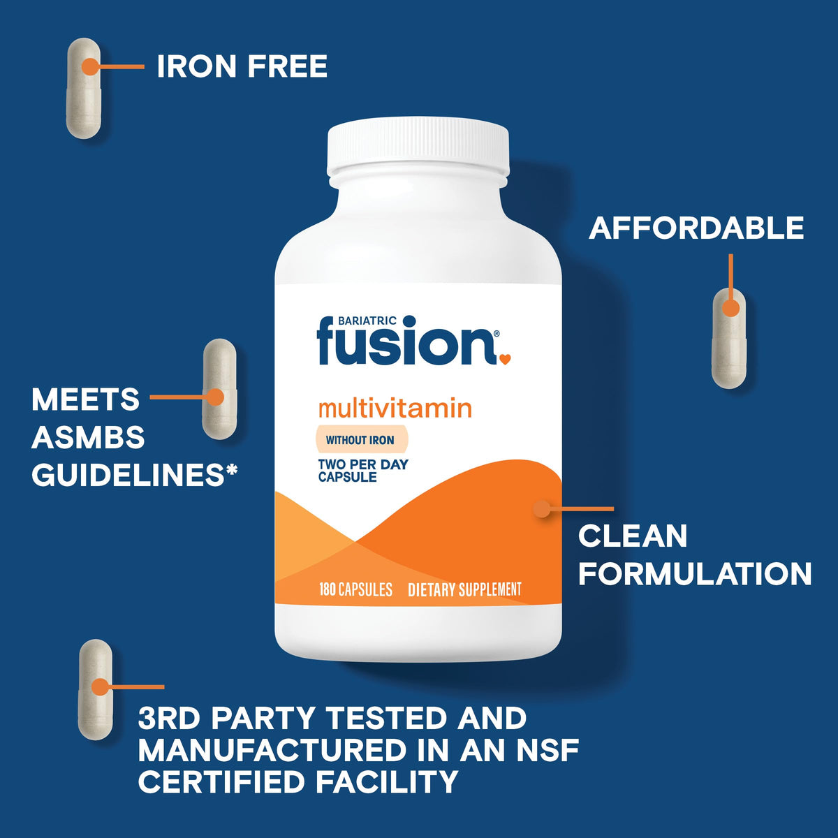Bariatric Fusion capsules de multivitamines sur une surface blanche