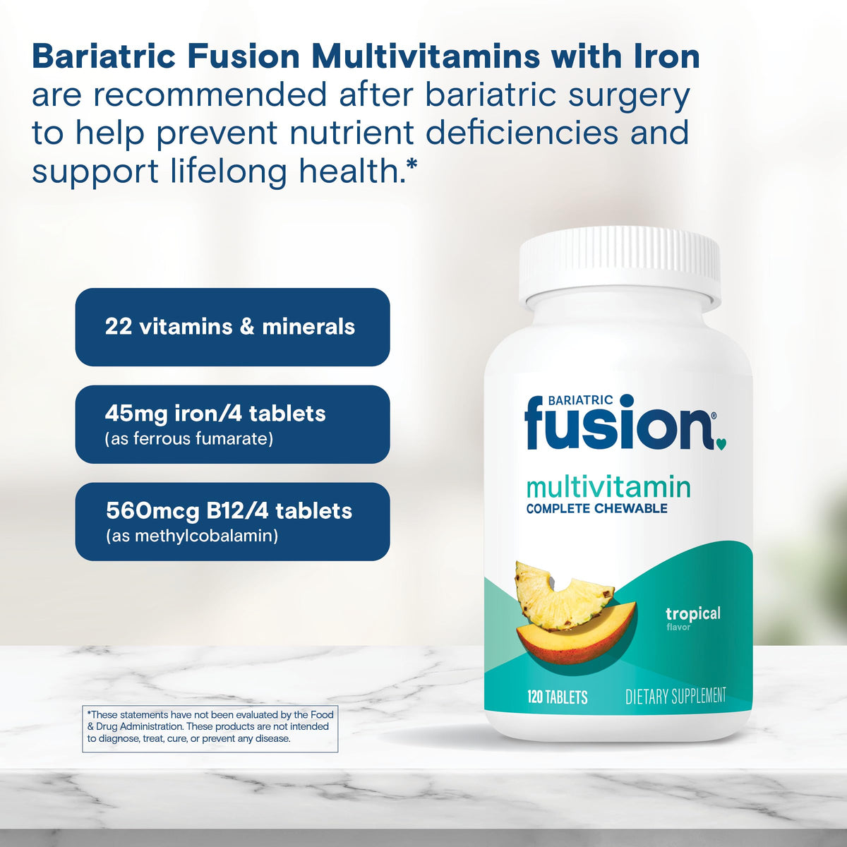 Bariatric Fusion Multivitamine à mâcher sur une table avec des fruits