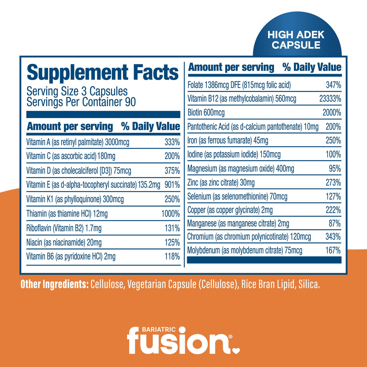 Bariatric Fusion multivitamine ADEK 3 capsules sur une surface