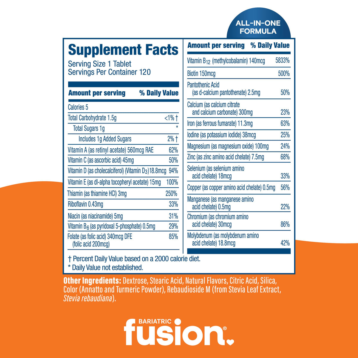 Bariatric Fusion Multivitamine Chewable 120 Tablettes Orange Cream avec une tablette en gros plan
