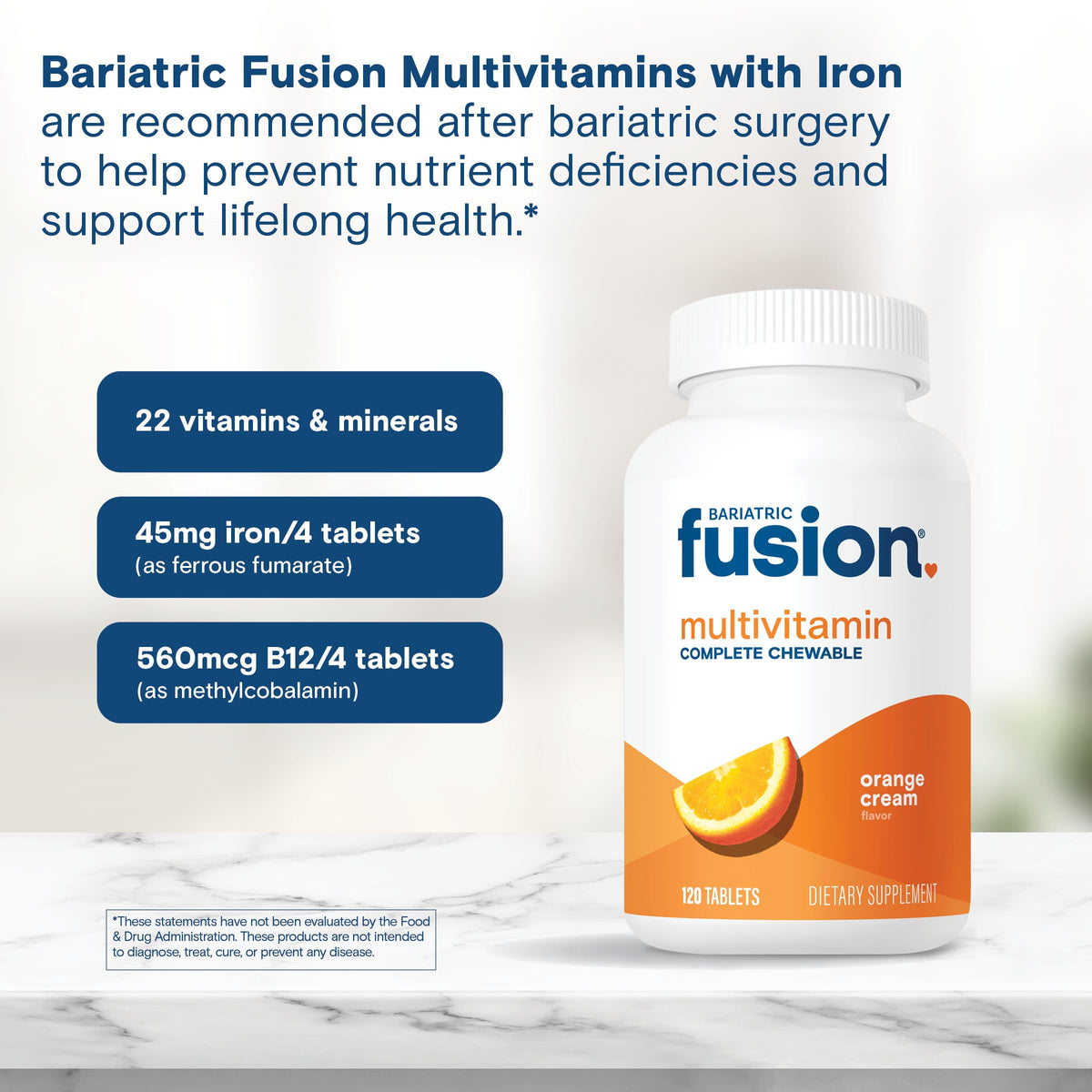 Bariatric Fusion Multivitamine Chewable 120 Tablettes Orange Cream en situation sur une table
