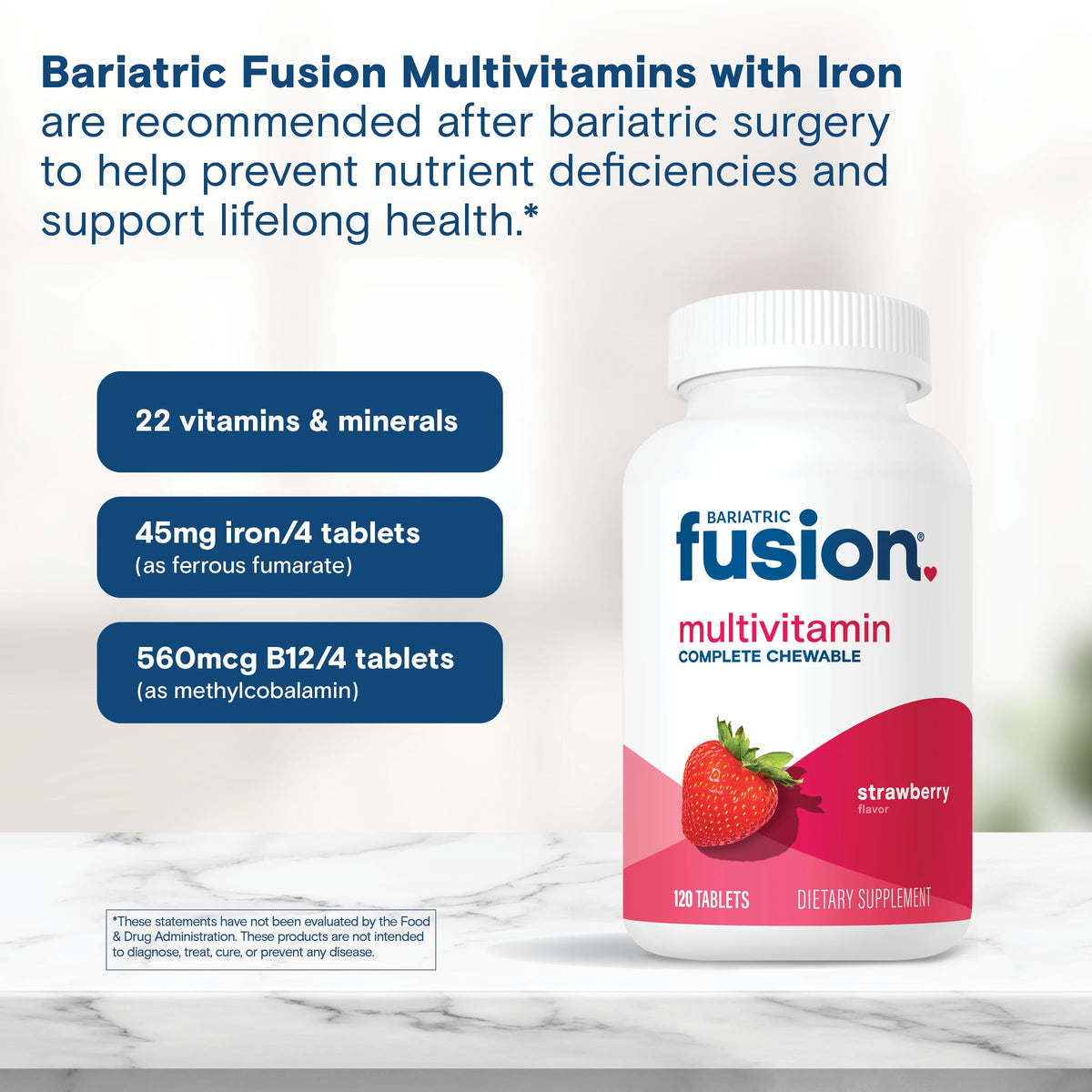 Bariatric Fusion Multivitamine Complet à Mâcher flacon à côté d'un verre d'eau