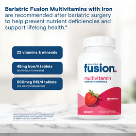 Bariatric Fusion Multivitamine Complet à Mâcher flacon à côté d'un verre d'eau