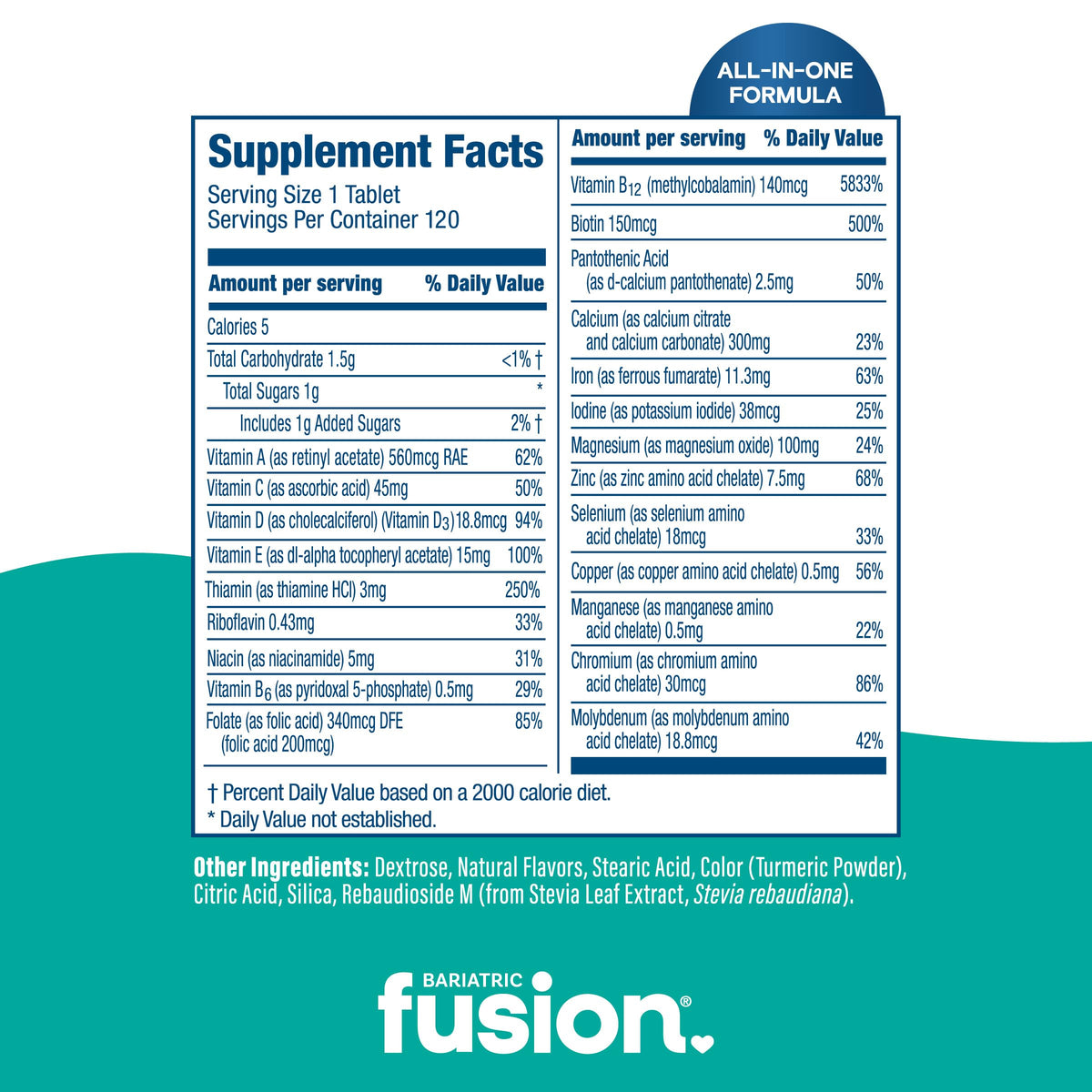 Bariatric Fusion Multivitamine vue arrière avec informations nutritionnelles