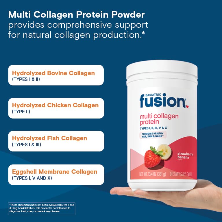Bariatric Fusion Poudre de Protéine Multi Collagène Fraise Banane sur une table