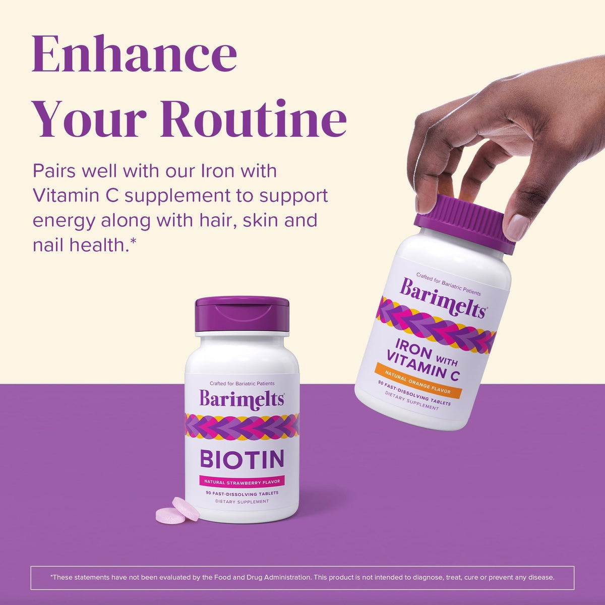 BariMelts Biotin 5000 mcg comprimés sur une table