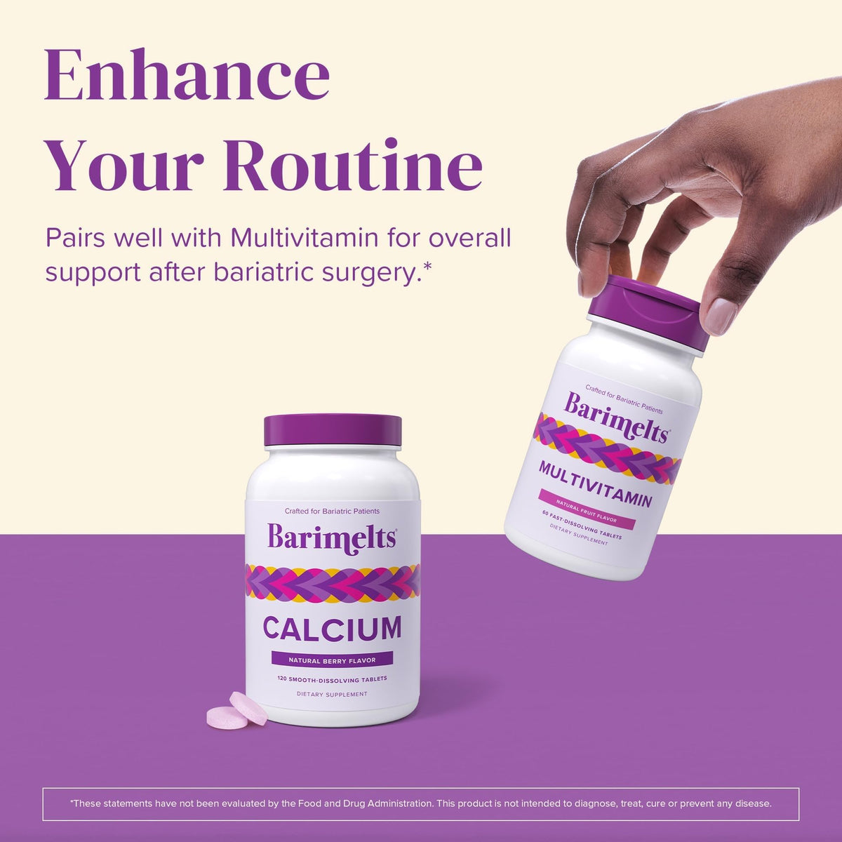 BariMelts Calcium 120 Tablettes avec un arrière-plan de fruits