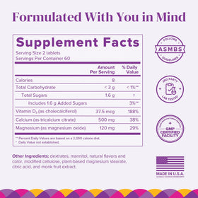 BariMelts Calcium 120 Tablettes vue arrière avec informations nutritionnelles