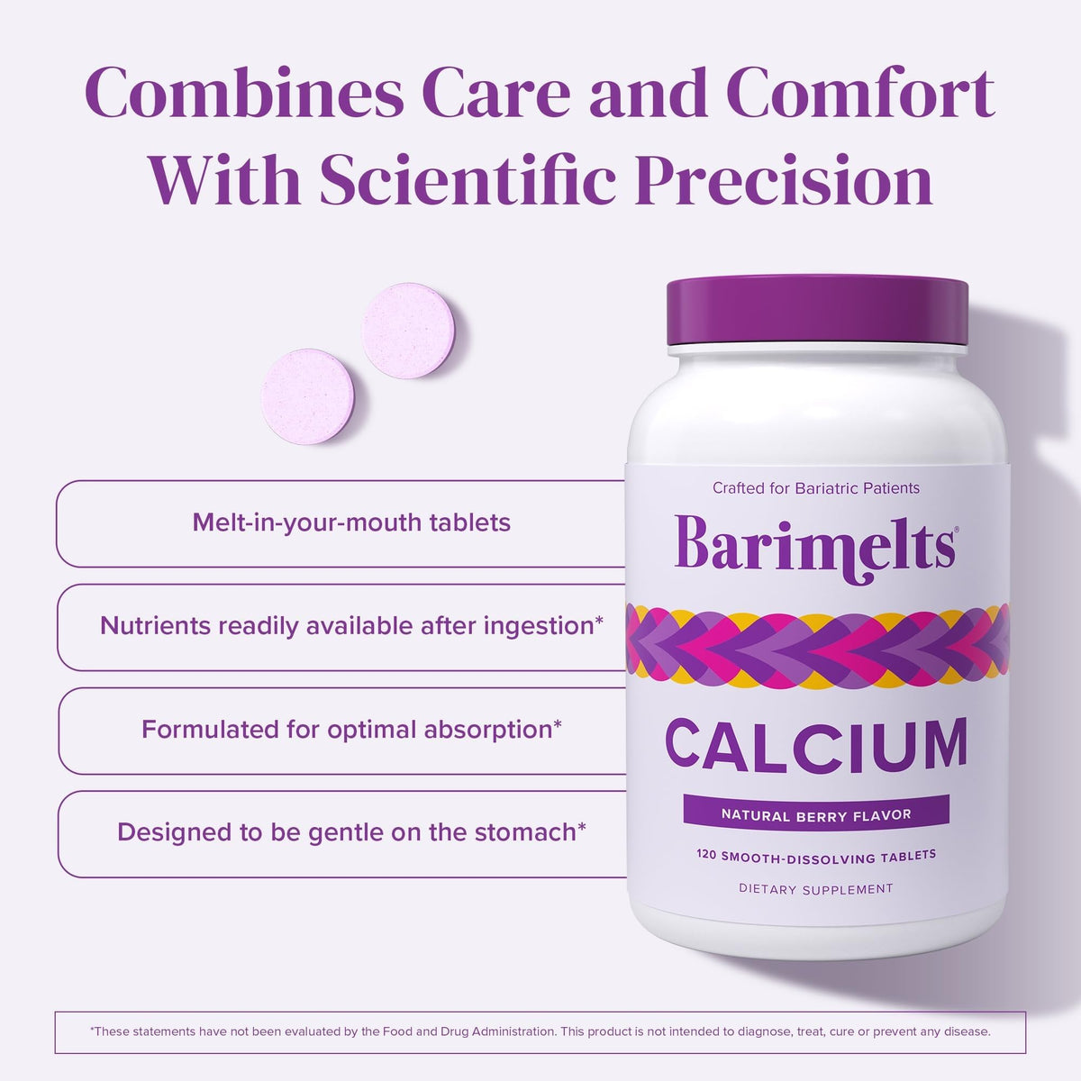 BariMelts Calcium tablettes dans un bol avec des baies
