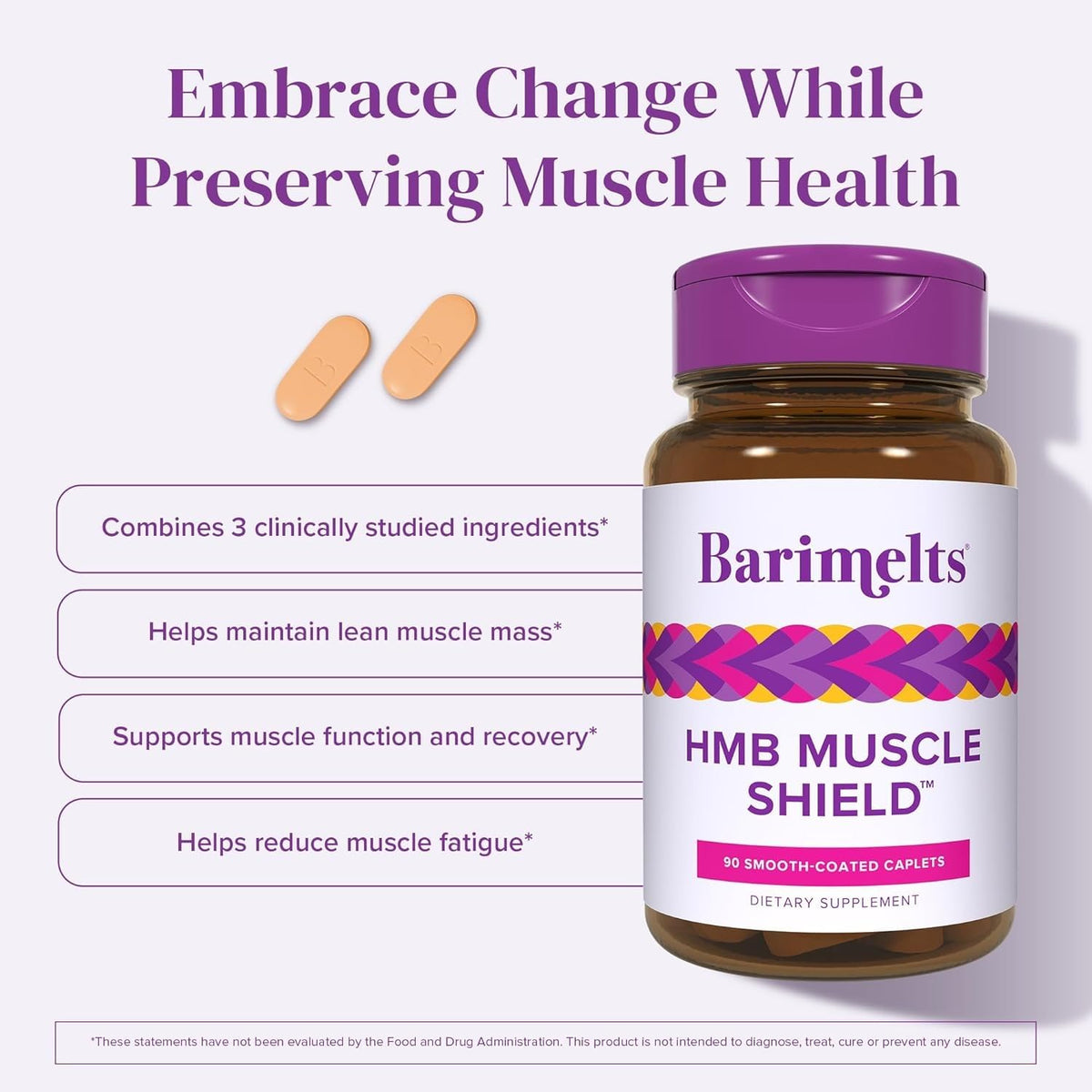 BariMelts HMB Muscle Shield comprimés sur une surface blanche