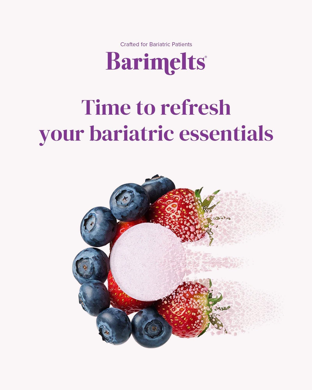 BariMelts Multivitamine sur une table mise en scène avec des aliments sains