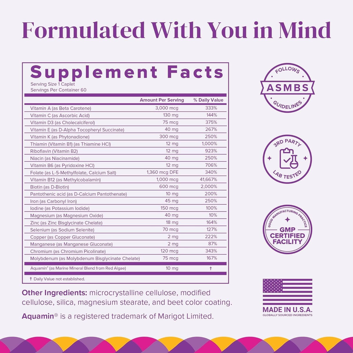 BariMelts Multivitamines avec étiquette détaillant les ingrédients