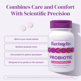 BariMelts Probiotiques 5 Milliards CFU 180 Comprimés Saveur Cerise - détails de l'emballage