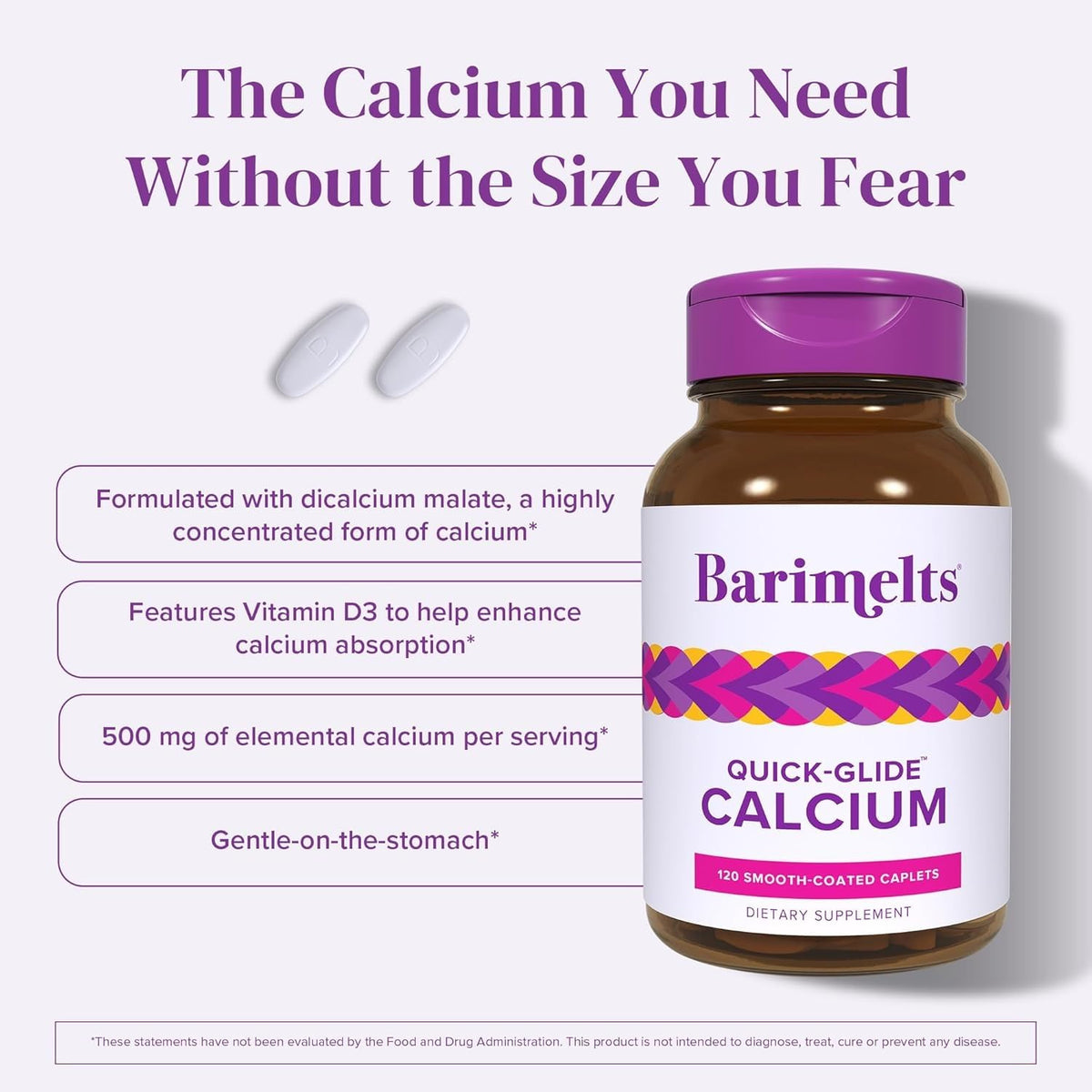 BariMelts Quick-Glide Calcium caplets sur fond blanc