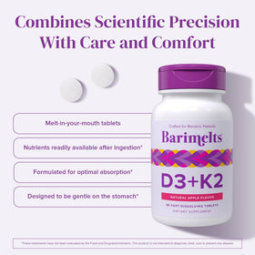 BariMelts Vitamine D3 & K2 comprimés sur une surface blanche
