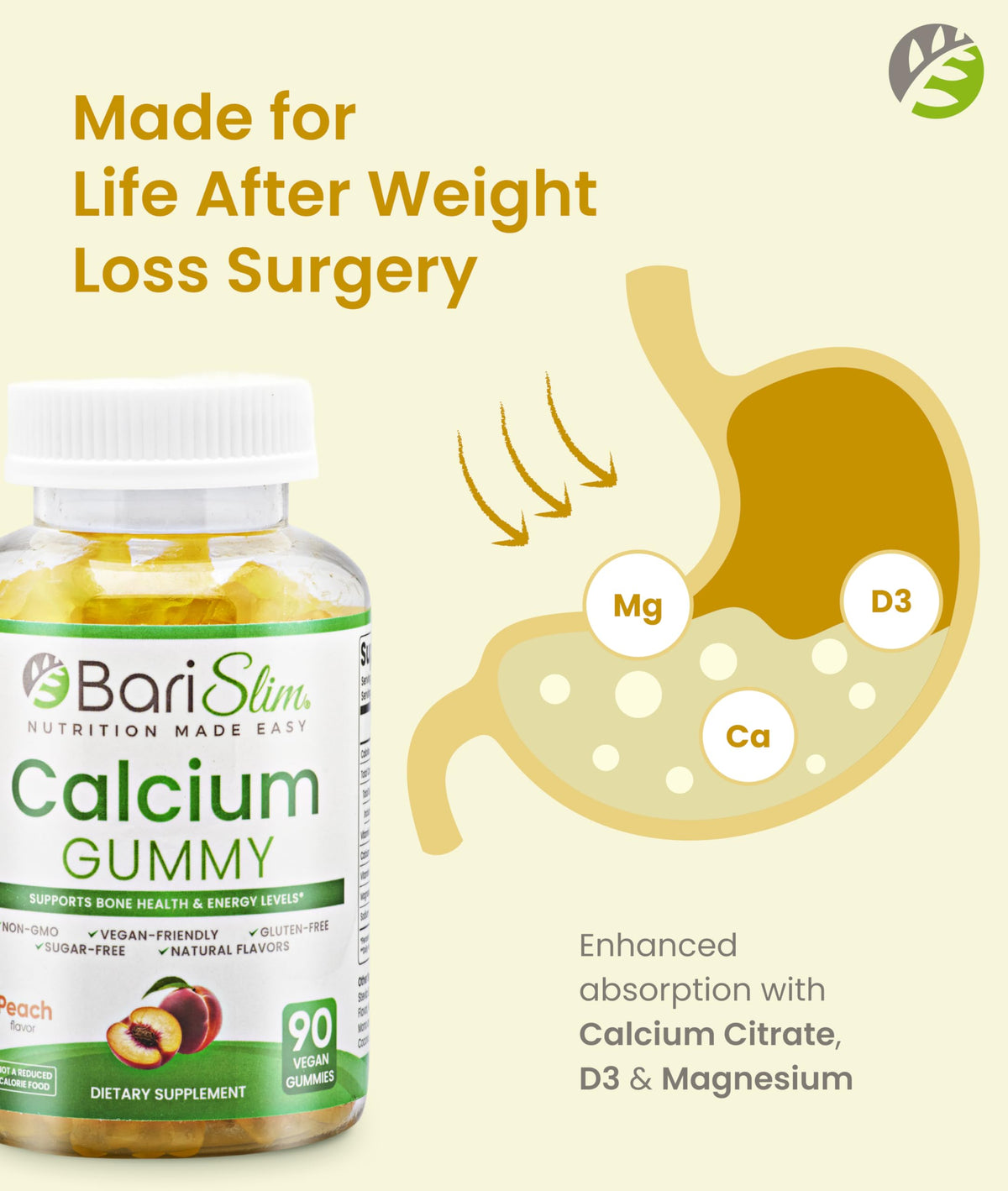 BariSlim Gummies Calcium Végétalien 500mg Pêche - côté