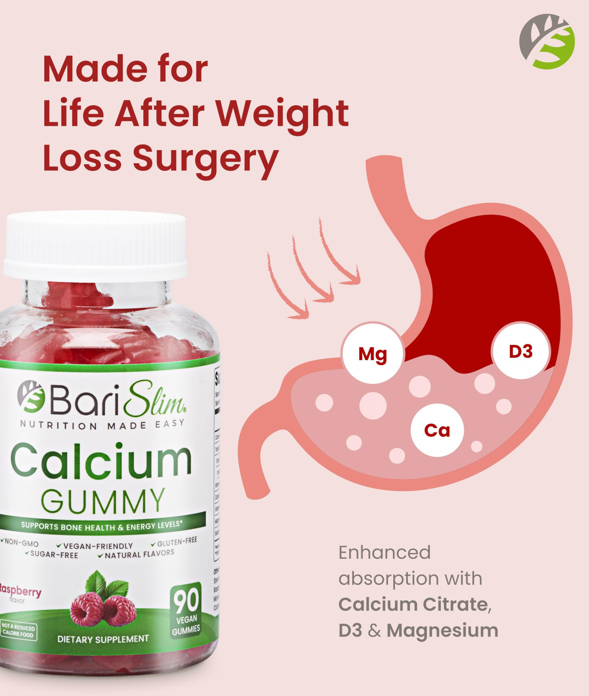 BariSlim Gummies Calcium Végétalien Framboise côté de la boîte