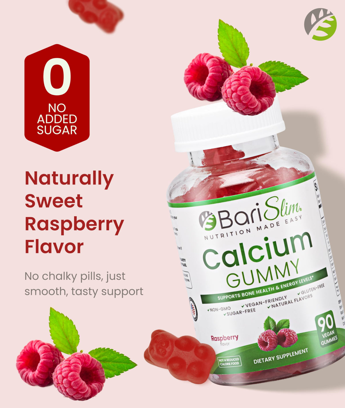 BariSlim Gummies Calcium Végétalien Framboise ingrédients sur l'étiquette