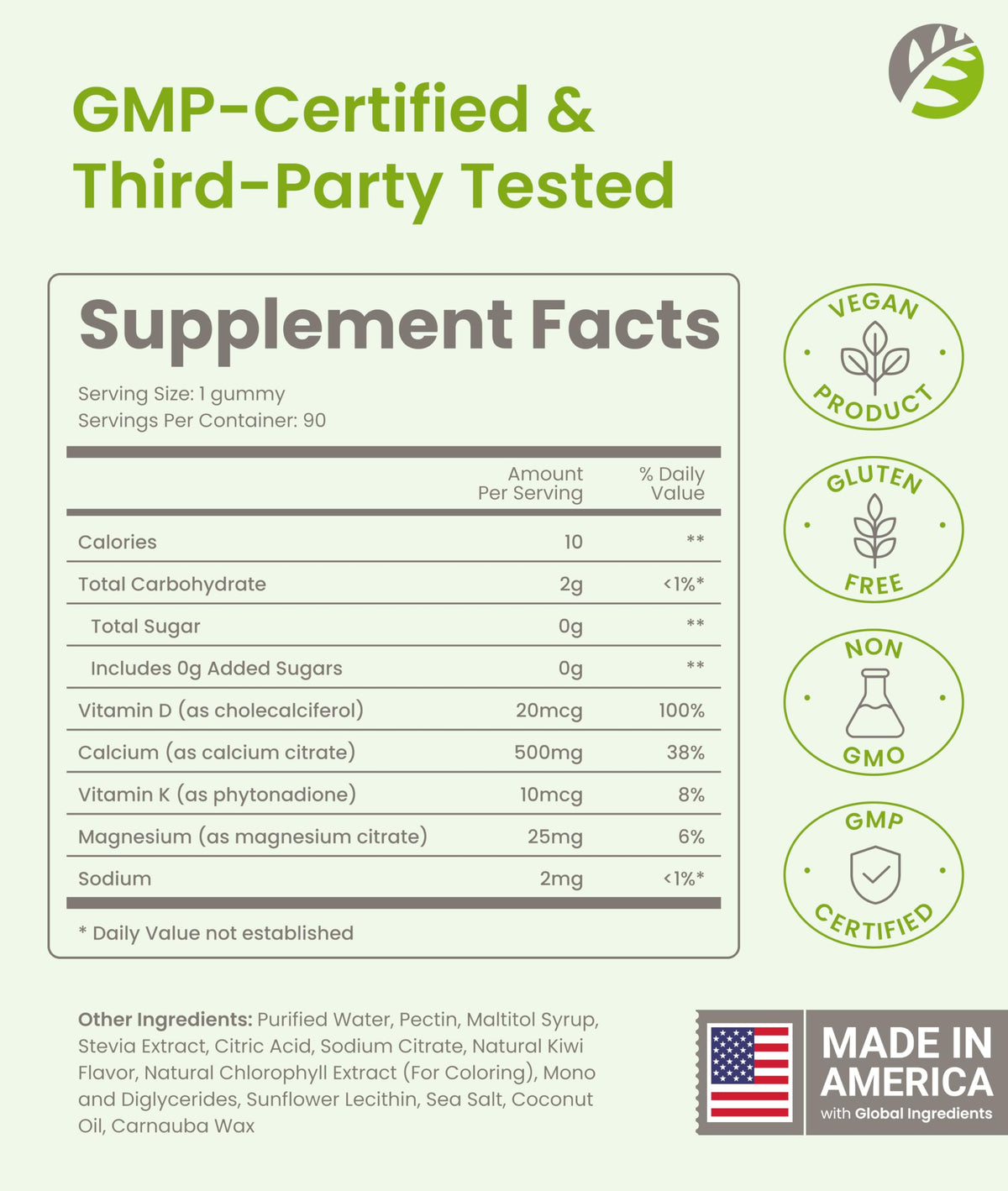 BariSlim Gummies Calcium Végétalien Kiwi avec étiquette et ingrédients