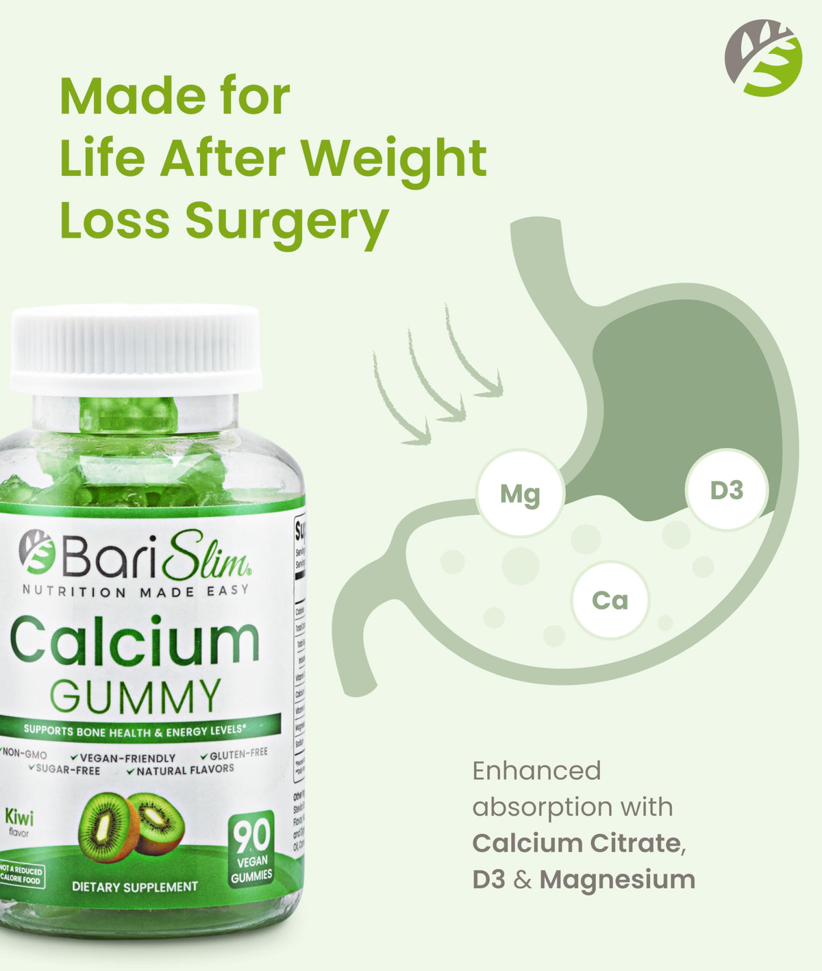 BariSlim Gummies Calcium Végétalien Kiwi, gummies individuelles sur fond blanc