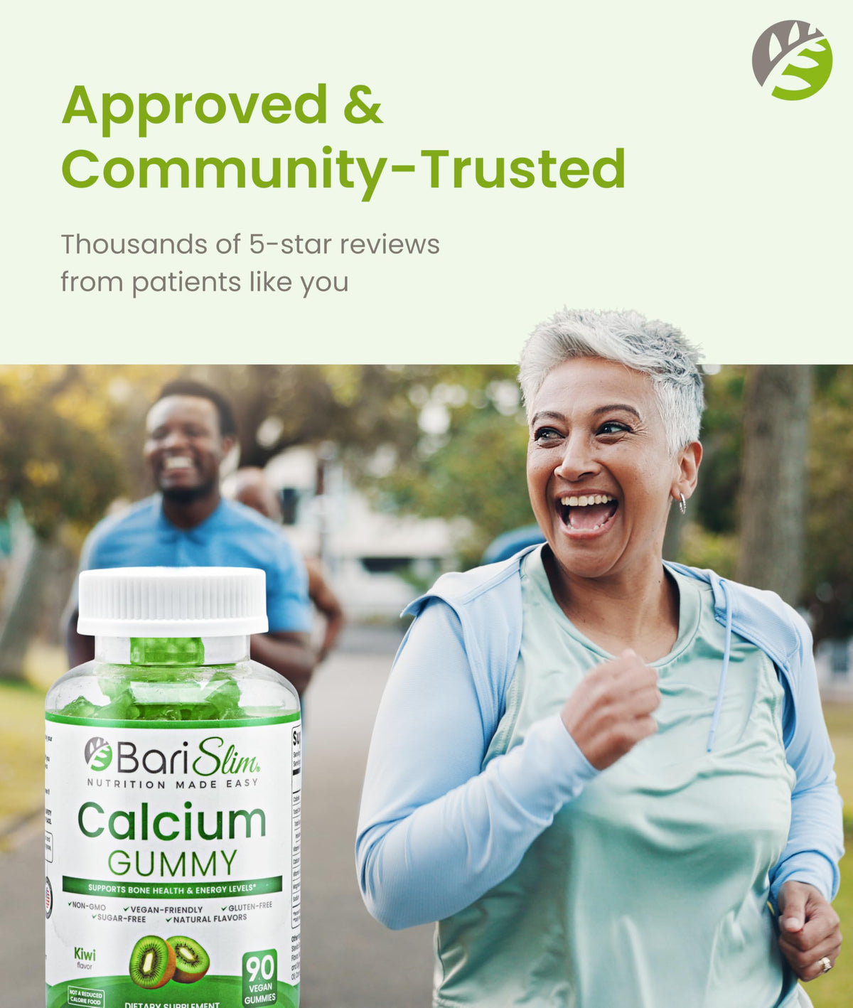 BariSlim Gummies Calcium Végétalien Kiwi, gummies sur une table en bois