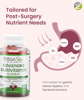 BariSlim Gummies Multivitamines Cerise, gummies individuelles sur une surface blanche