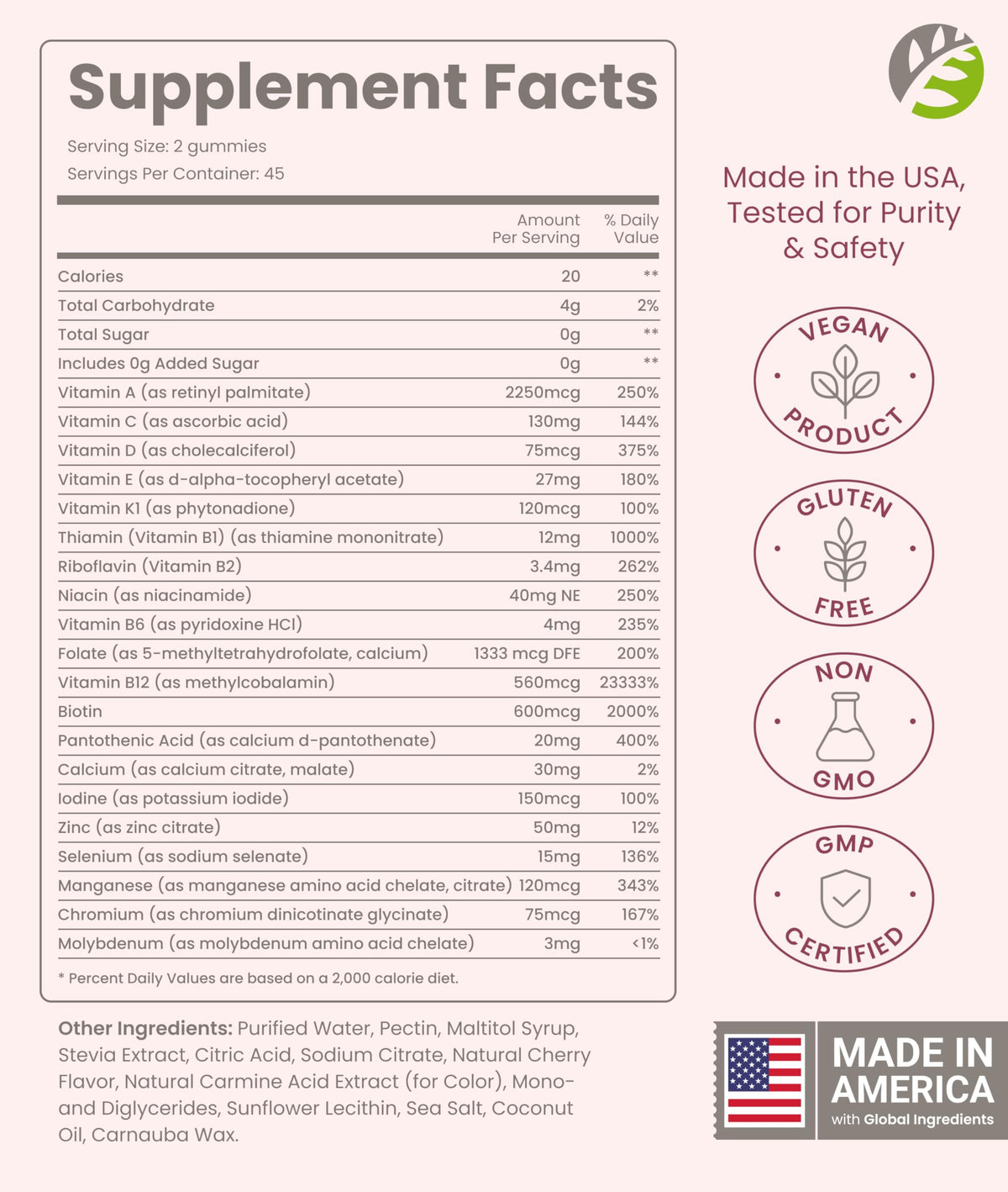 BariSlim Gummies Multivitamines Cerise, packaging et informations nutritionnelles