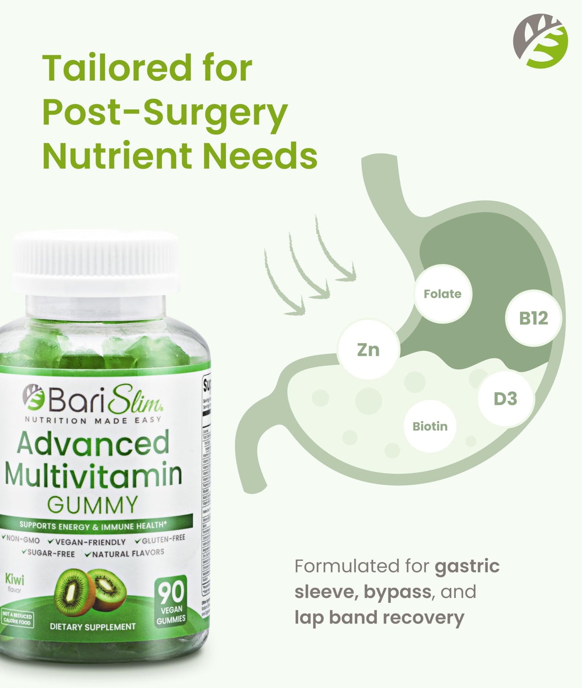 BariSlim Gummies Multivitamines Végétales Kiwi, gummies sur une table