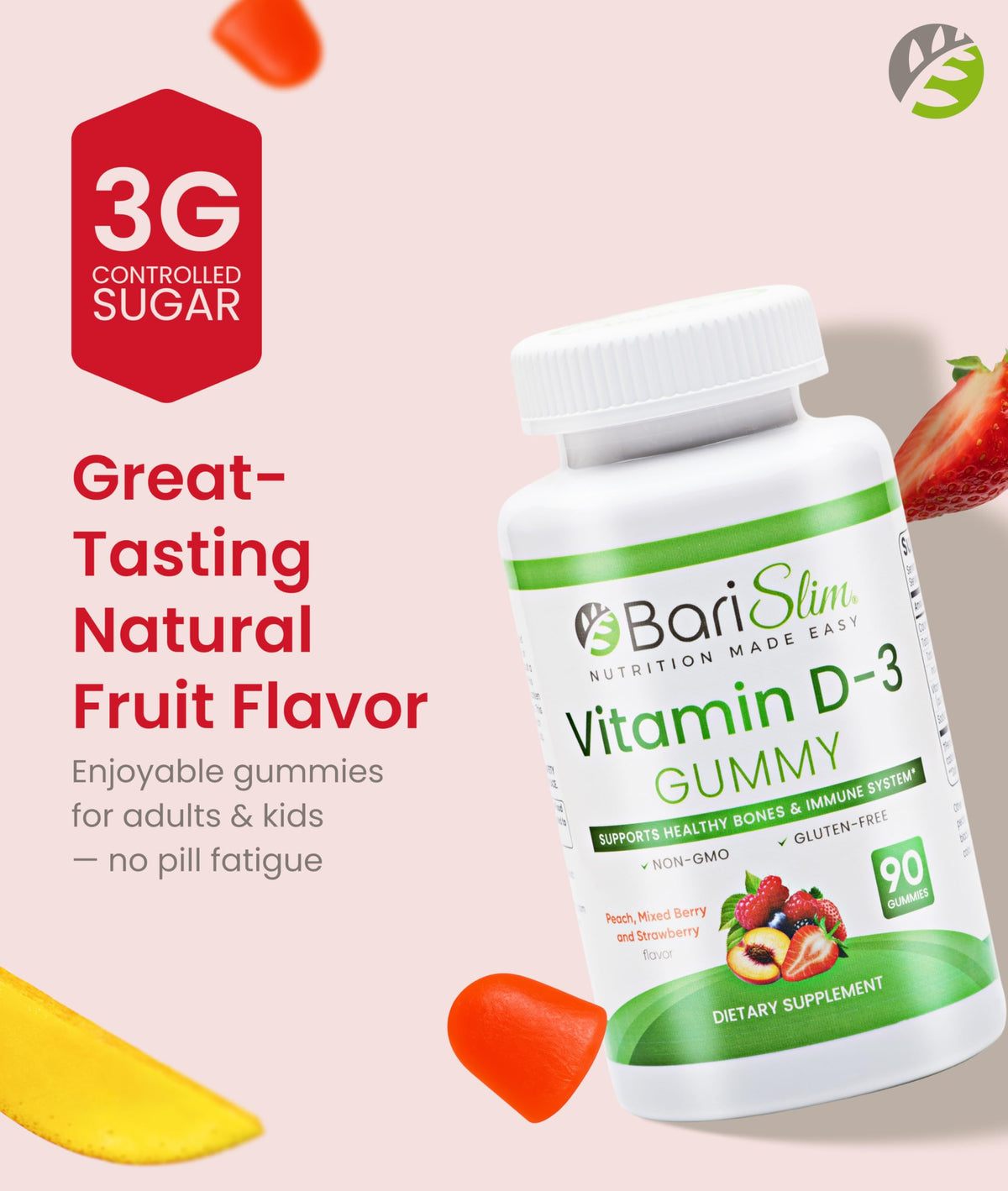 BariSlim Gummies Vitamin D-3 90 Chews on a wooden table