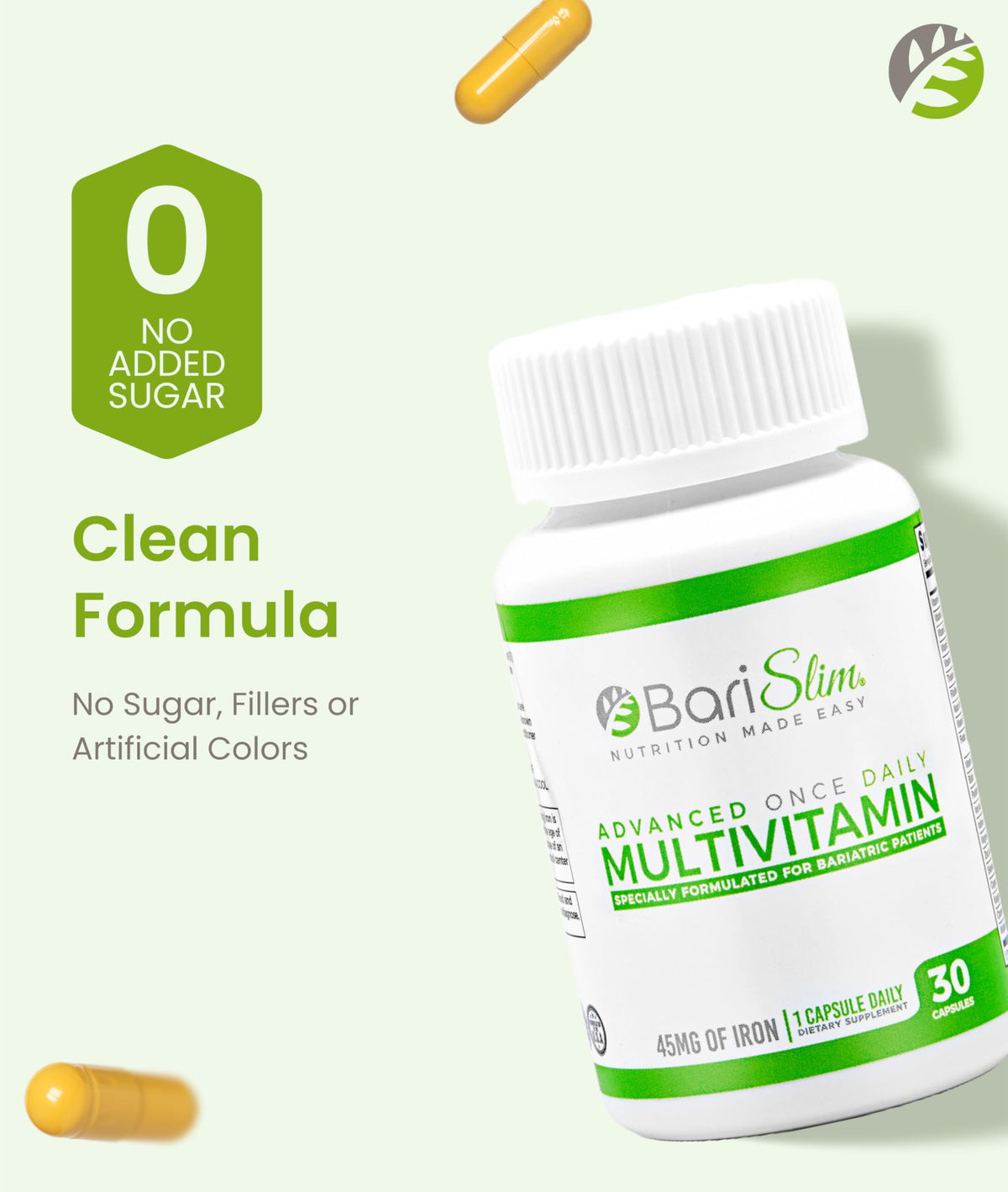 BariSlim Multivitamine Bariatique Avancée capsules dans un verre