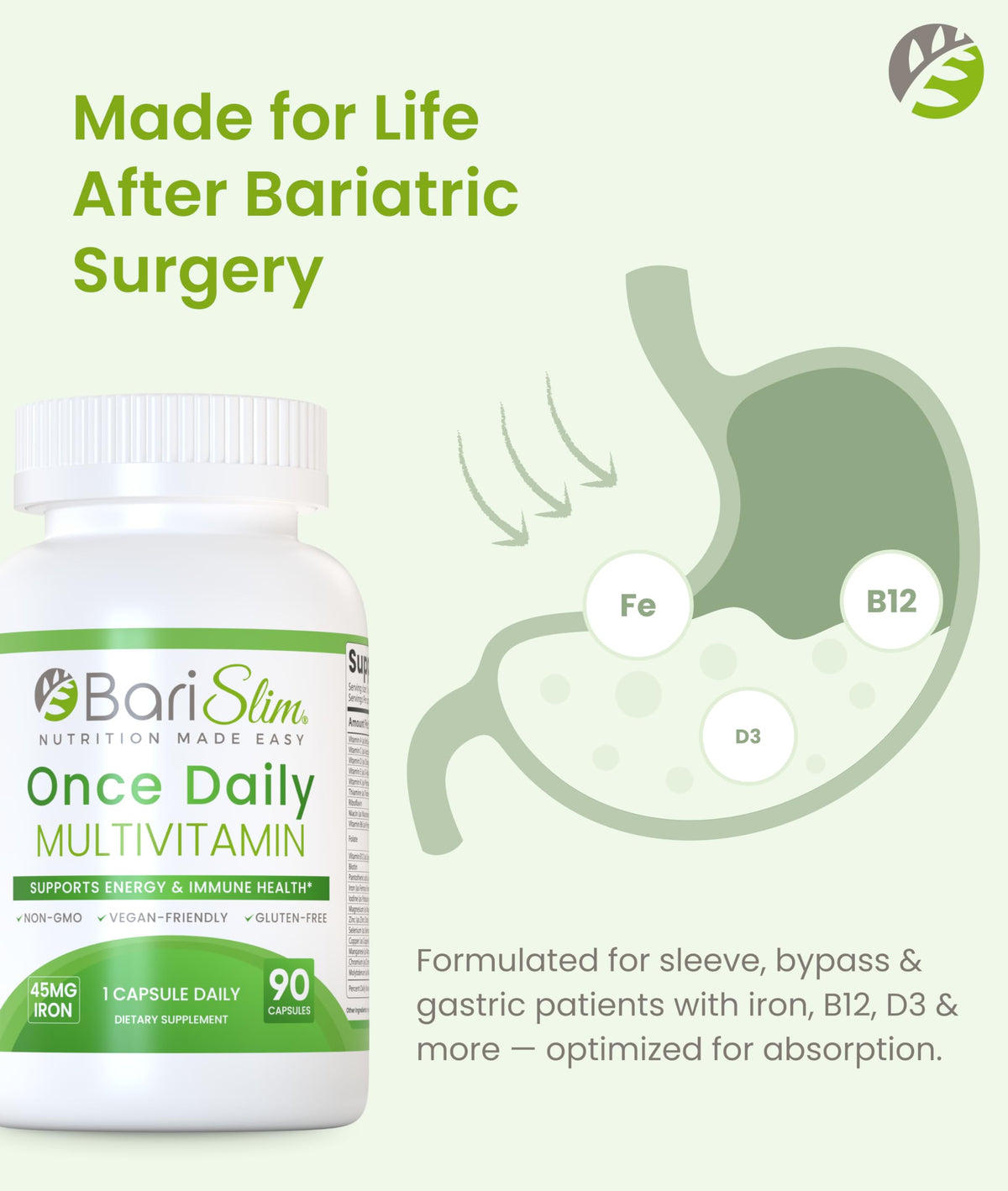 BariSlim Multivitamine Bariatrique sur une table avec des vitamines