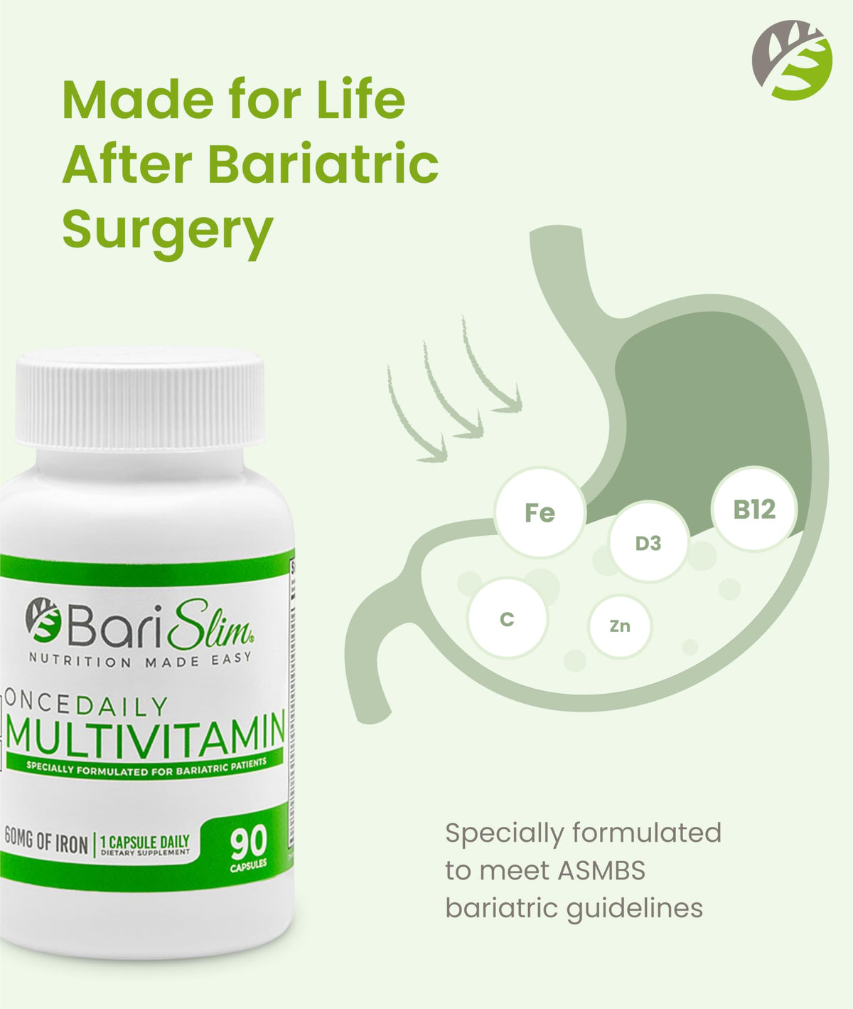 BariSlim Multivitamine Quotidienne avec Fer 60mg, dosage et ingrédients sur l'étiquette