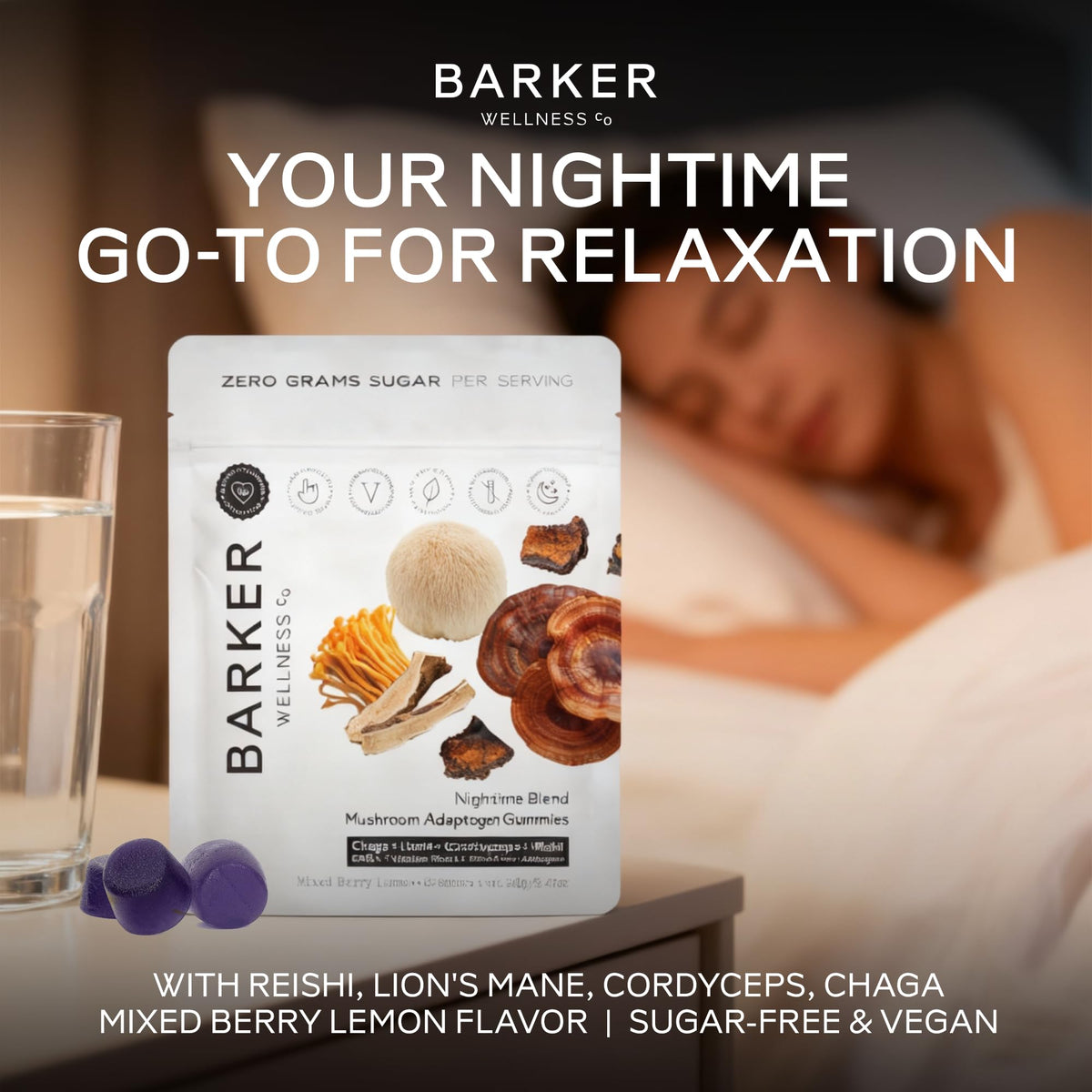 Barker Wellness Gummies de Champignons Adaptogènes Nuit 60ct avec ingrédients visibles