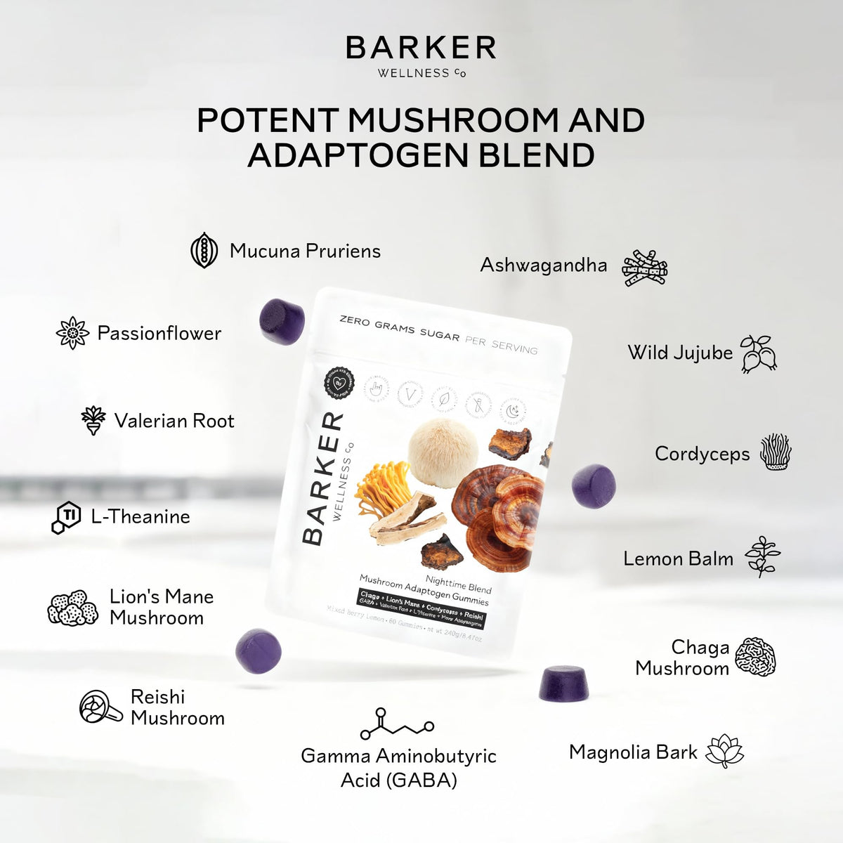 Barker Wellness Gummies de Champignons Adaptogènes Nuit 60ct avec une cuillère