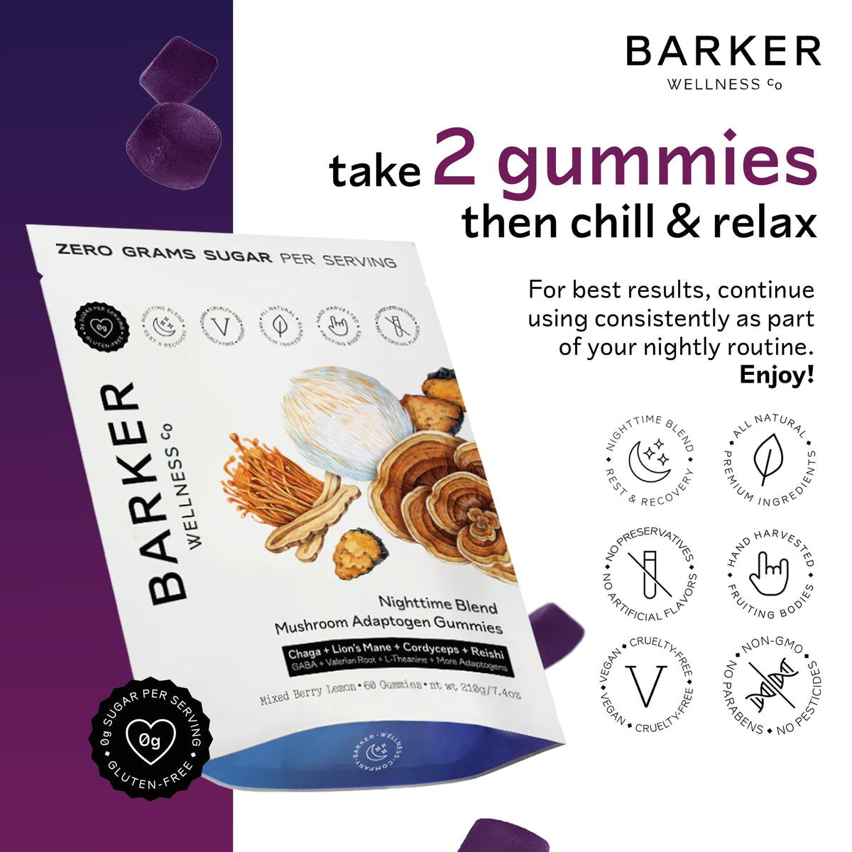Barker Wellness Gummies de Champignons Adaptogènes Nuit 60ct emballage