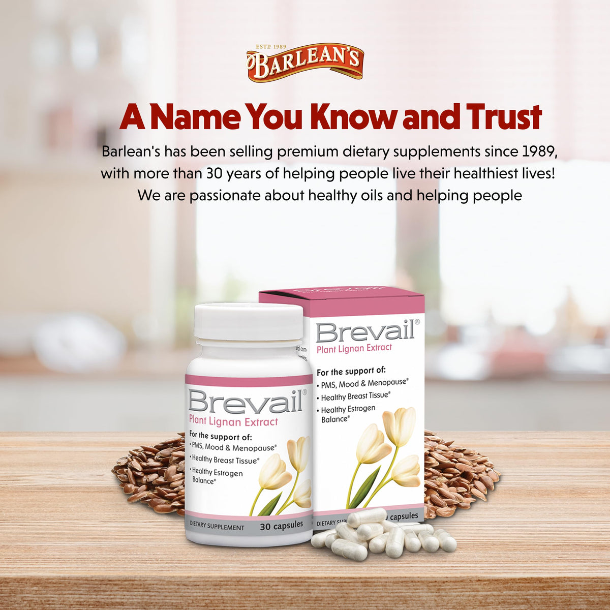 Barlean's Brevail Extrait de Lignane 30 Capsules sur un fond blanc