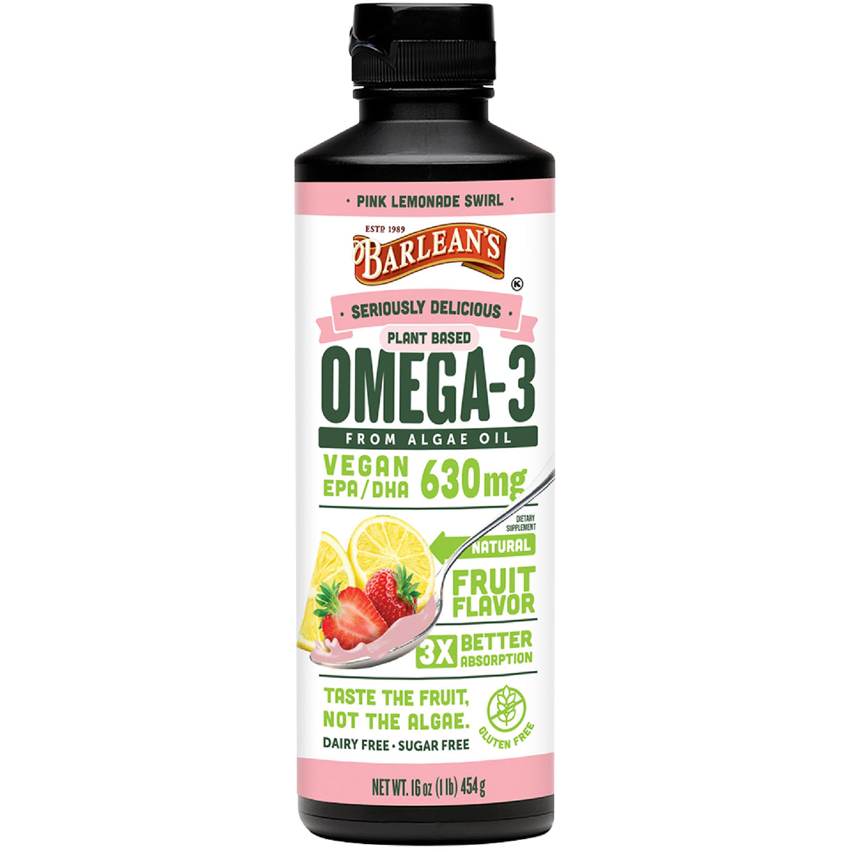Barlean's Complément Alimentaire Omega 3 Vegan 630 mg EPA DHA bouteille vue avant
