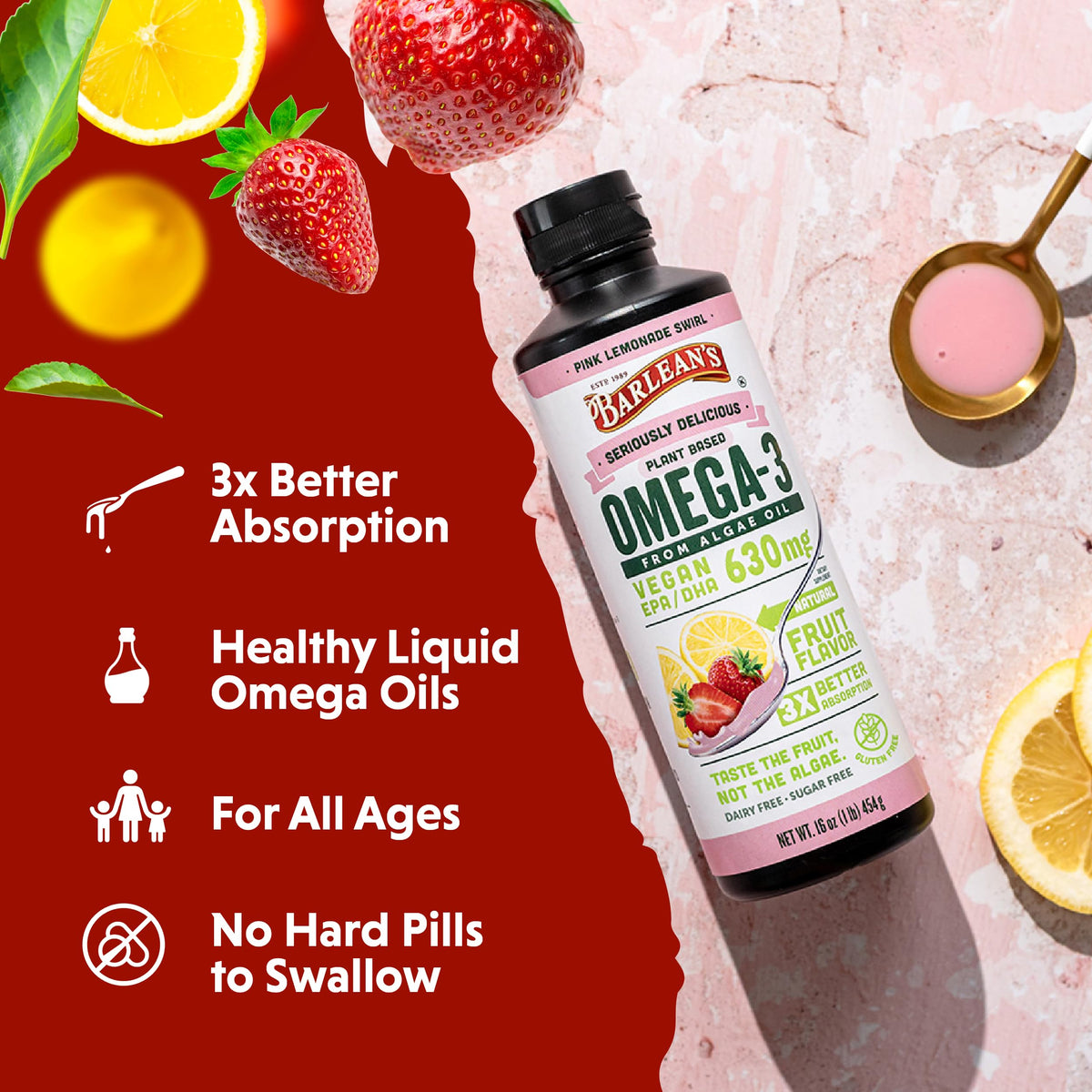 Barlean's Complément Alimentaire Omega 3 Vegan 630 mg EPA DHA dans un bol de yaourt