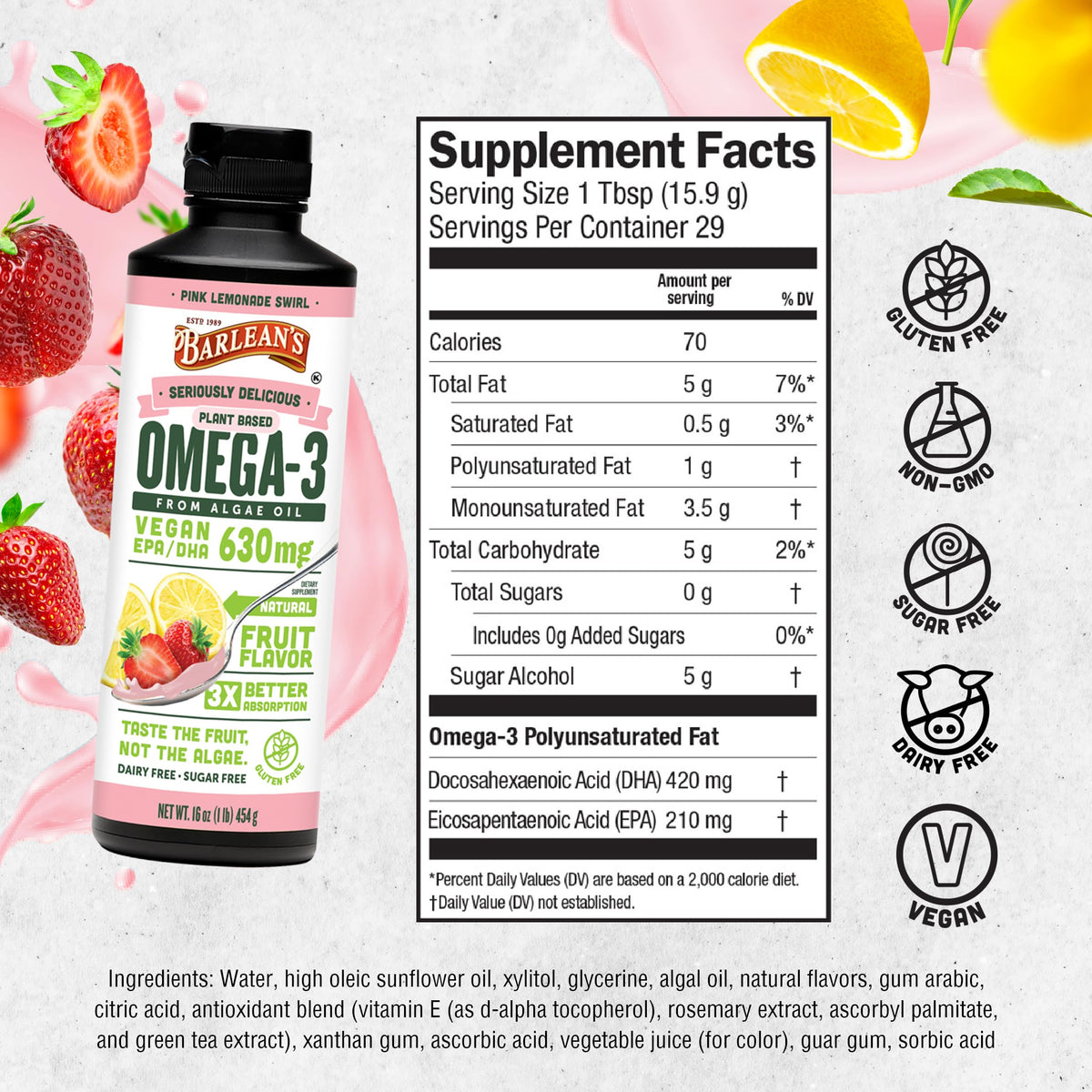 Barlean's Complément Alimentaire Omega 3 Vegan 630 mg EPA DHA vue latérale