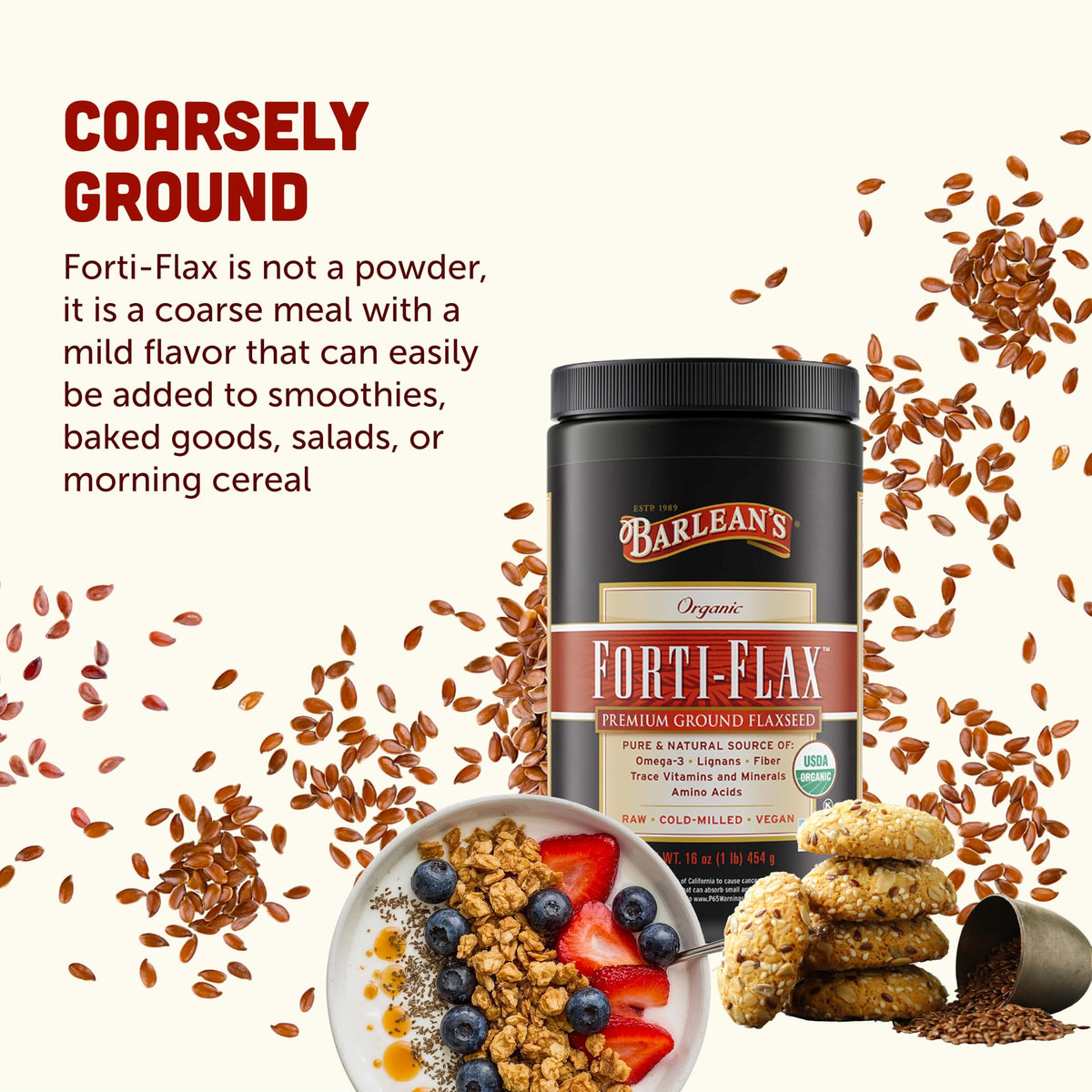 Barlean's Forti-Flax Graines de Lin Bio versées dans un yaourt